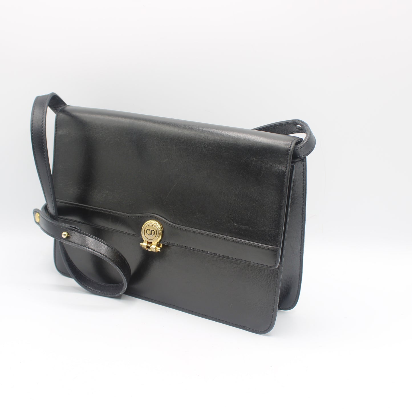 Christian Dior Black Leather Gold Logo Flap Shoulder Bag