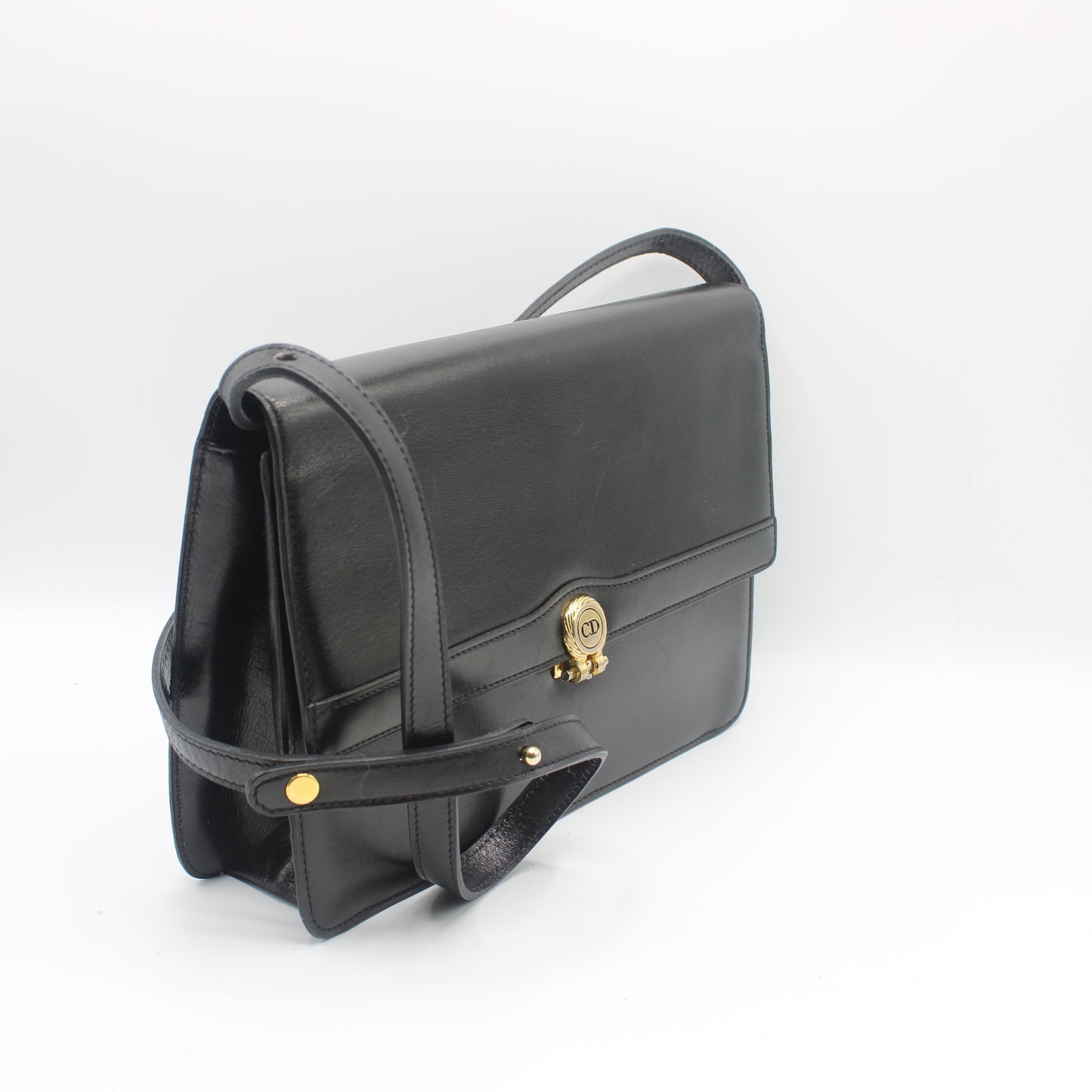 Christian Dior Black Leather Gold Logo Flap Shoulder Bag