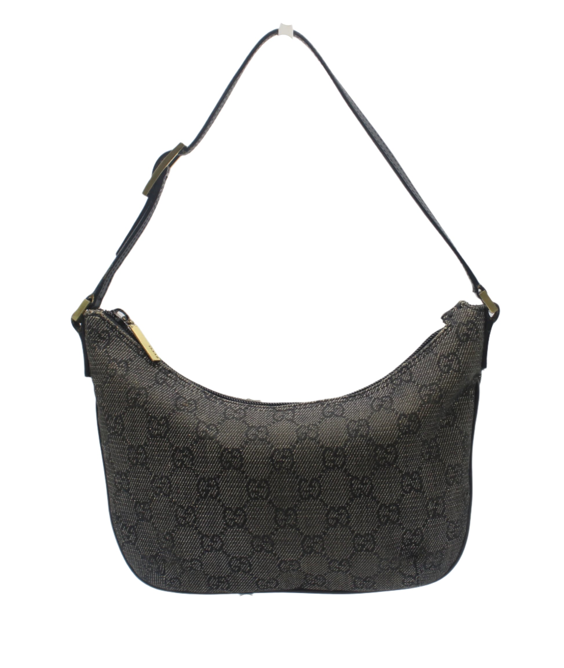 Black handbag with a pattern on a white background