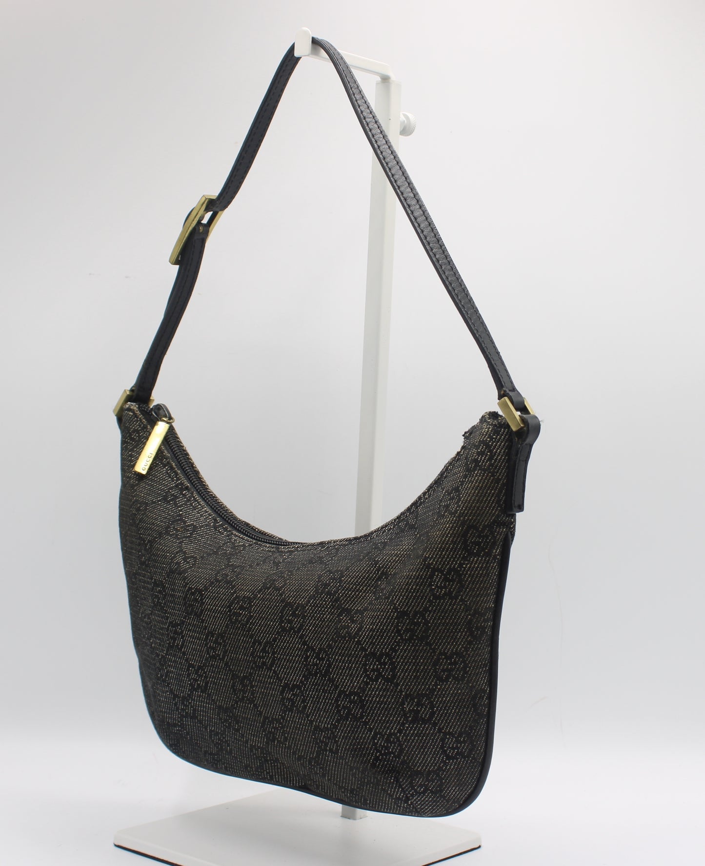 Gucci Black GG Canvas Denim Shoulder Bag Leather Strap