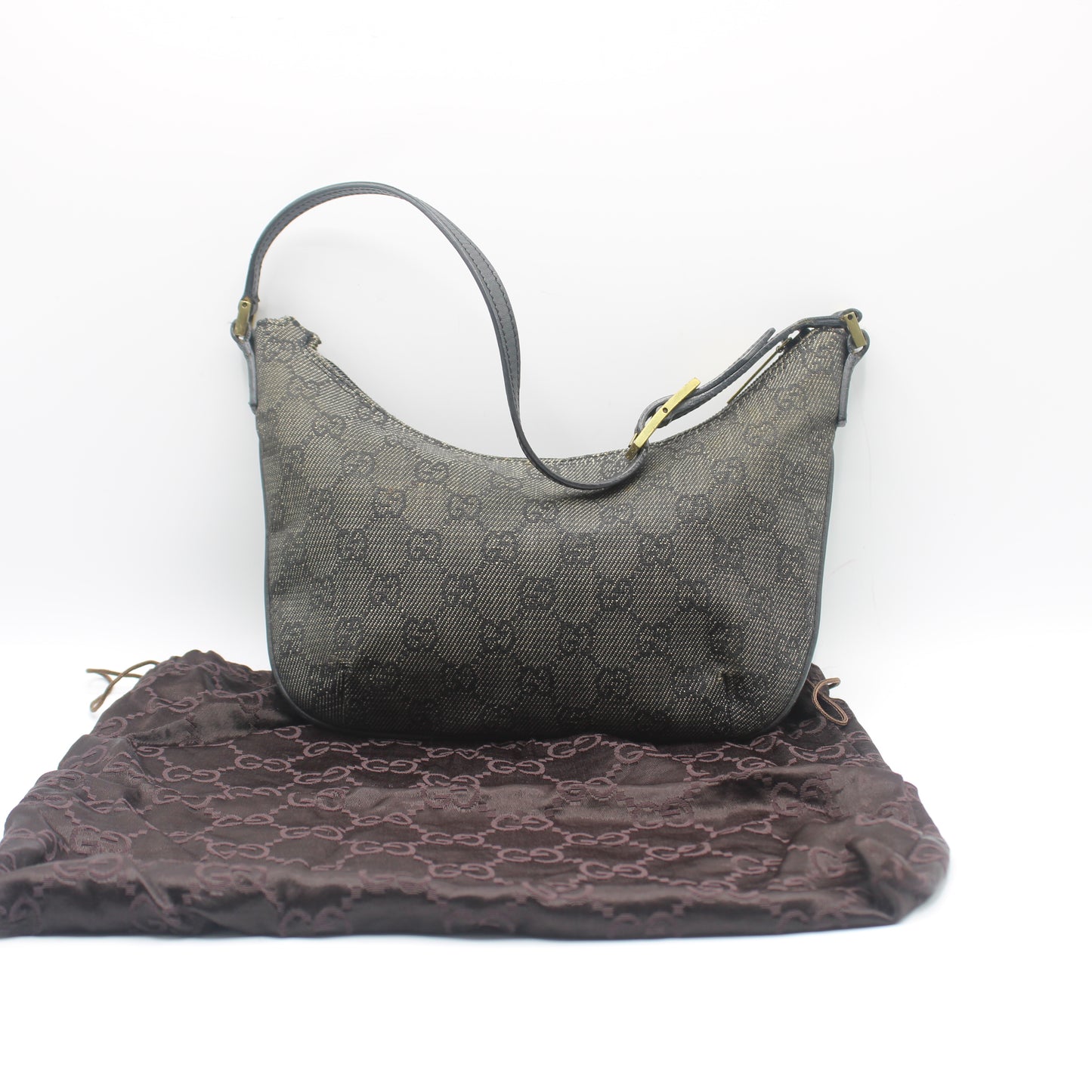 Gucci Black GG Canvas Denim Shoulder Bag Leather Strap