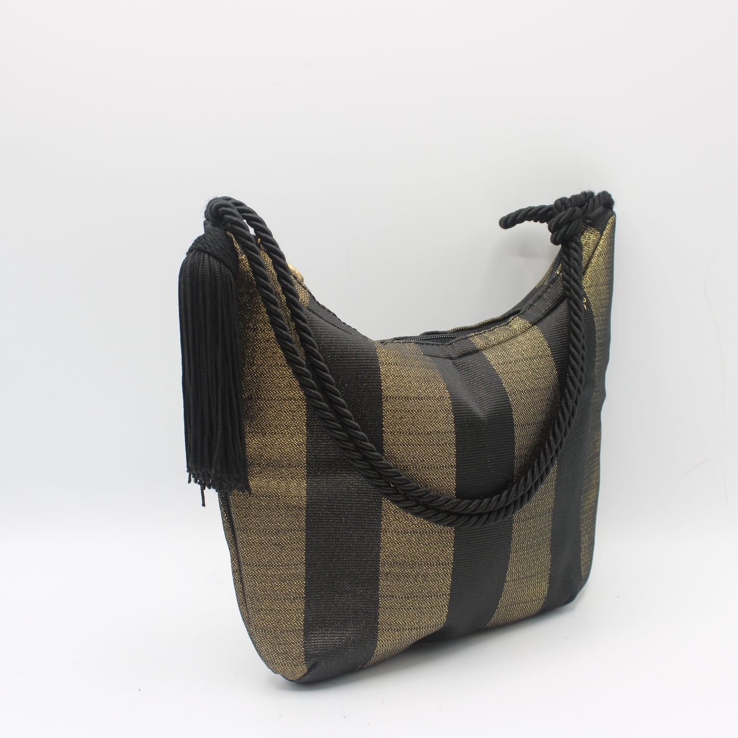 Fendi Gold Black Pequin Stripe Fabric Mini Tassel Handbag