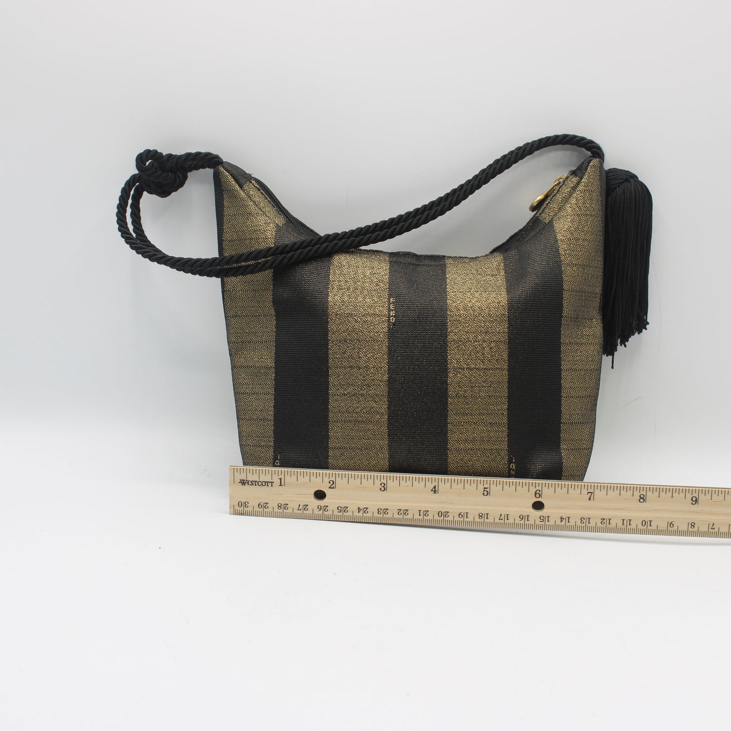 Fendi Gold Black Pequin Stripe Fabric Mini Tassel Handbag
