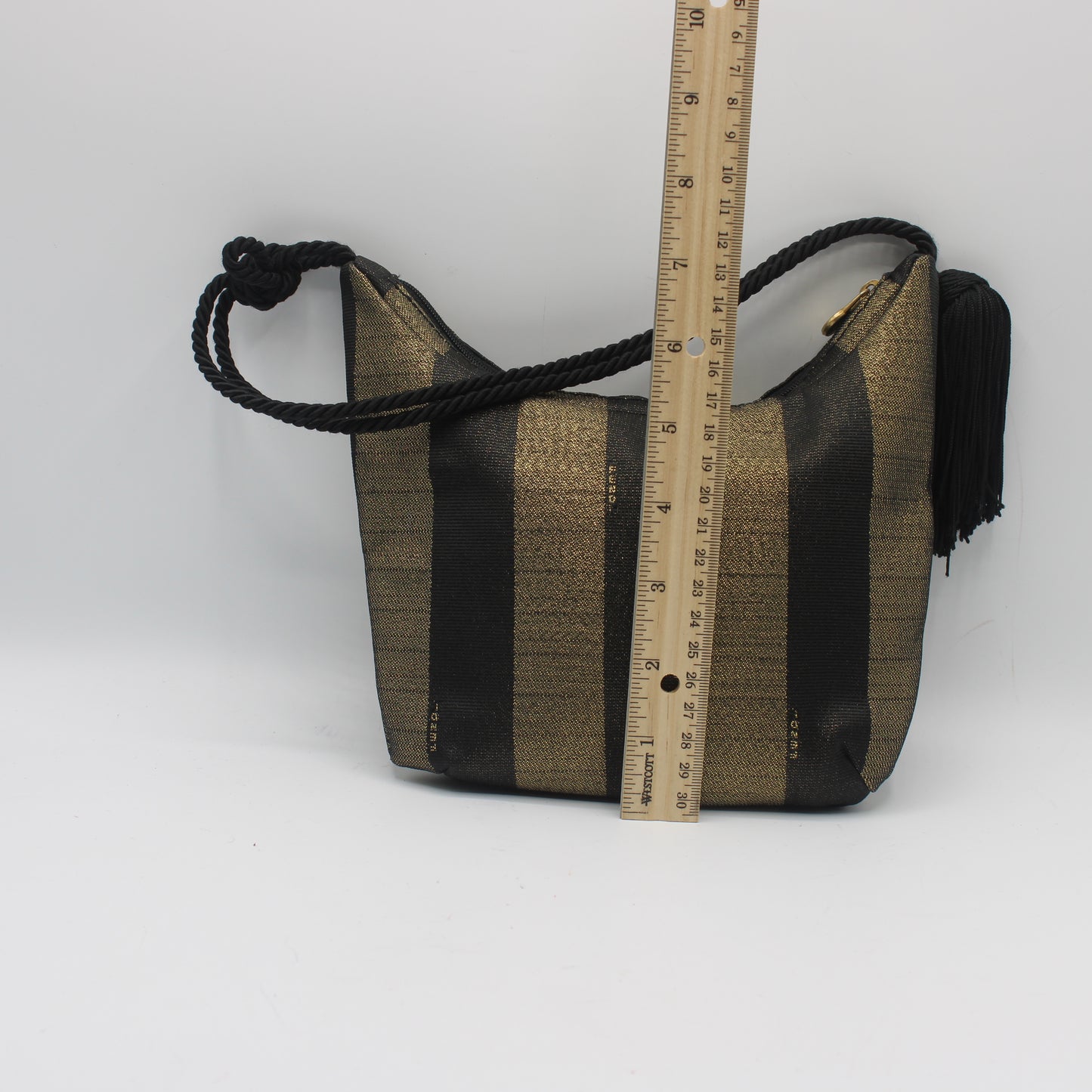 Fendi Gold Black Pequin Stripe Fabric Mini Tassel Handbag