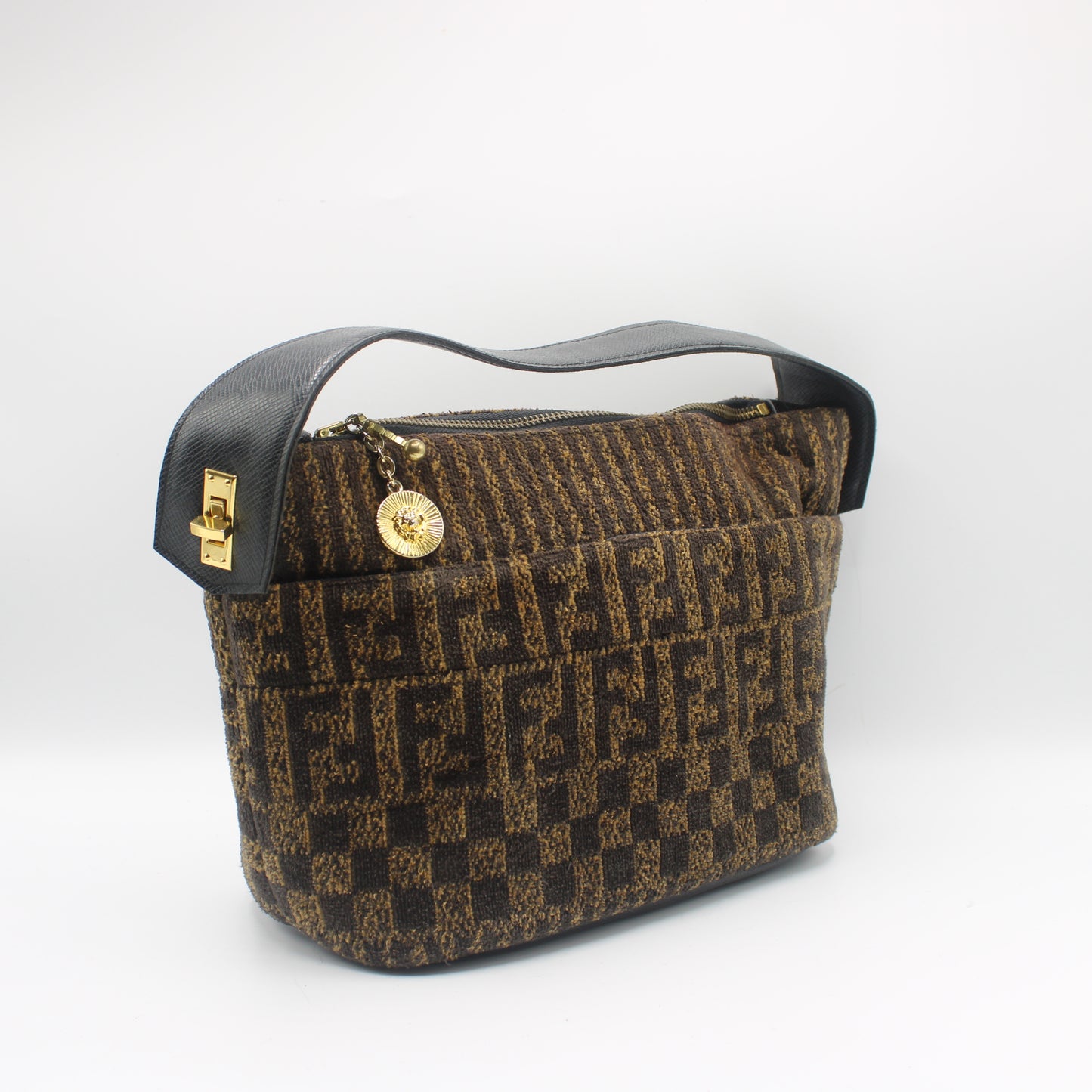 Fendi Brown Zucca Print Terry Cloth Leather Strap Handbag Clutch Bag