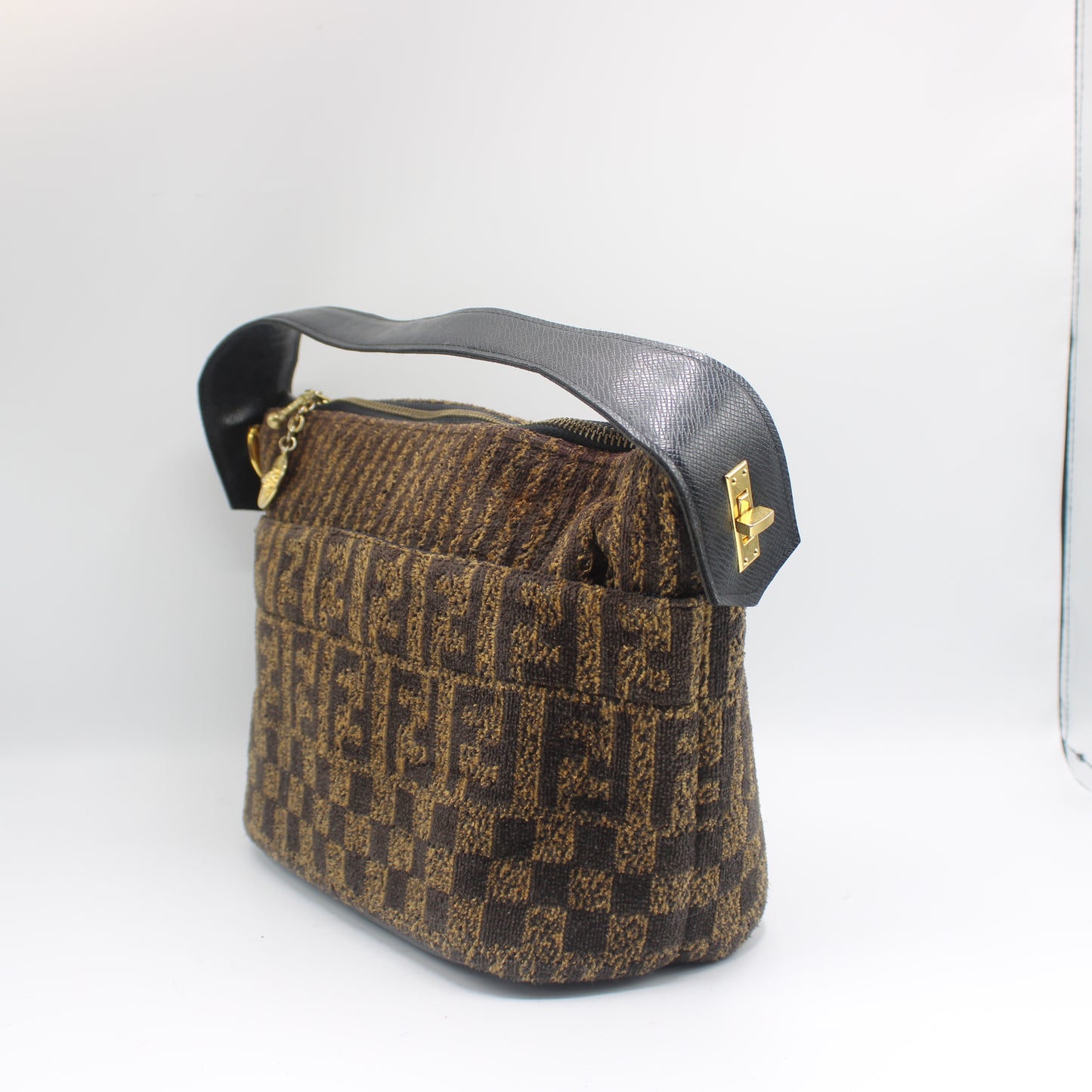 Fendi Brown Zucca Print Terry Cloth Leather Strap Handbag Clutch Bag
