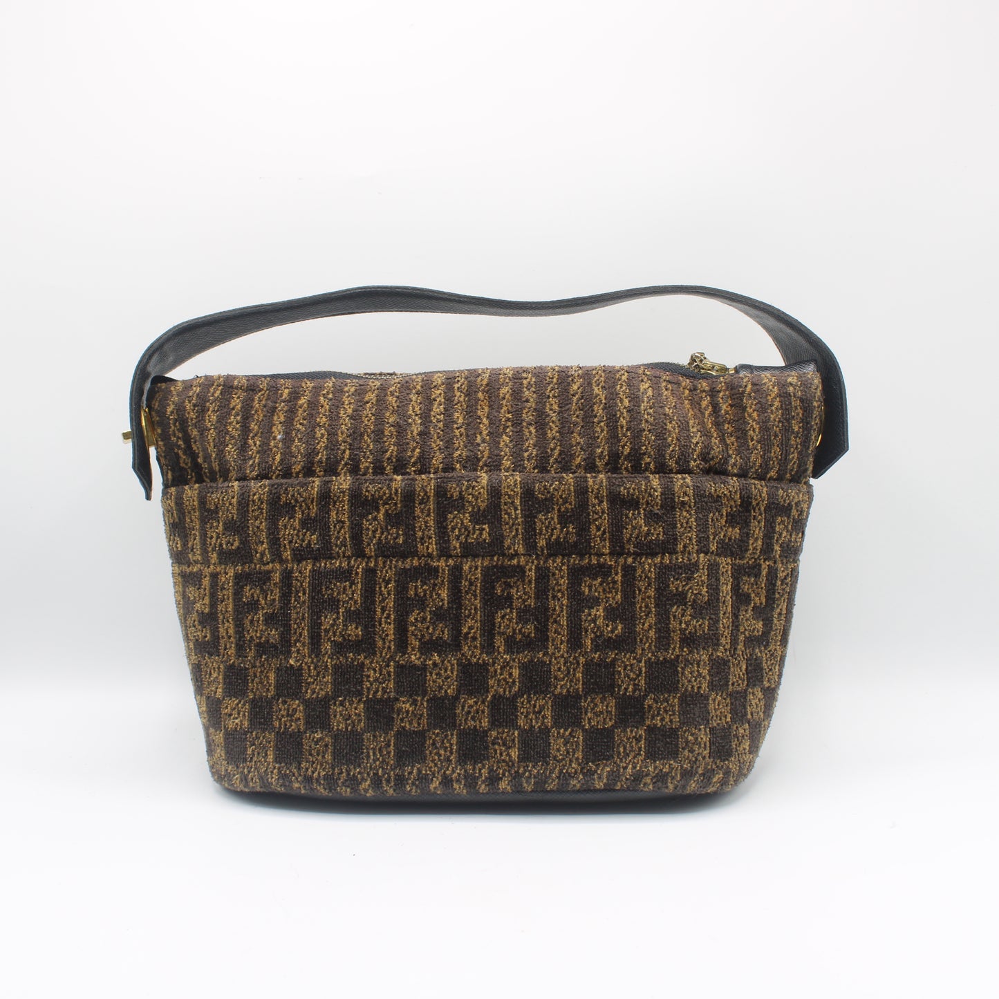 Fendi Brown Zucca Print Terry Cloth Leather Strap Handbag Clutch Bag