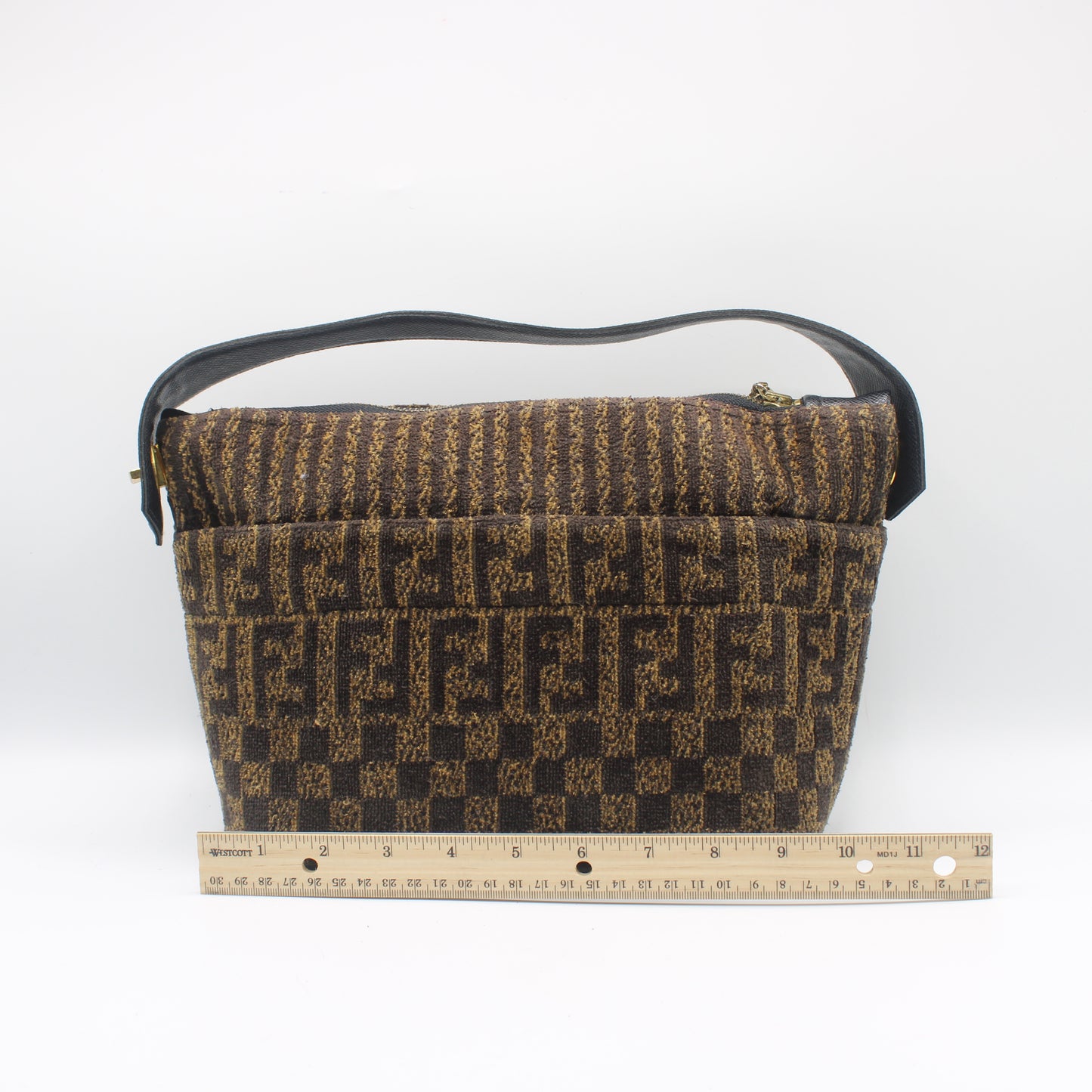 Fendi Brown Zucca Print Terry Cloth Leather Strap Handbag Clutch Bag