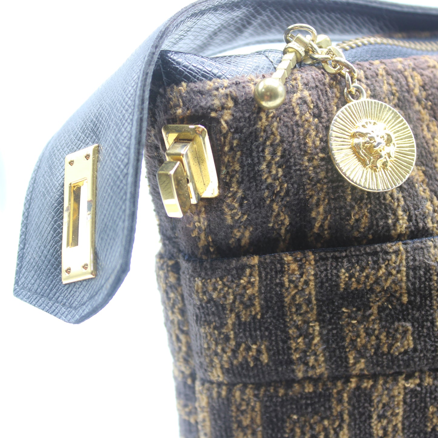 Fendi Brown Zucca Print Terry Cloth Leather Strap Handbag Clutch Bag