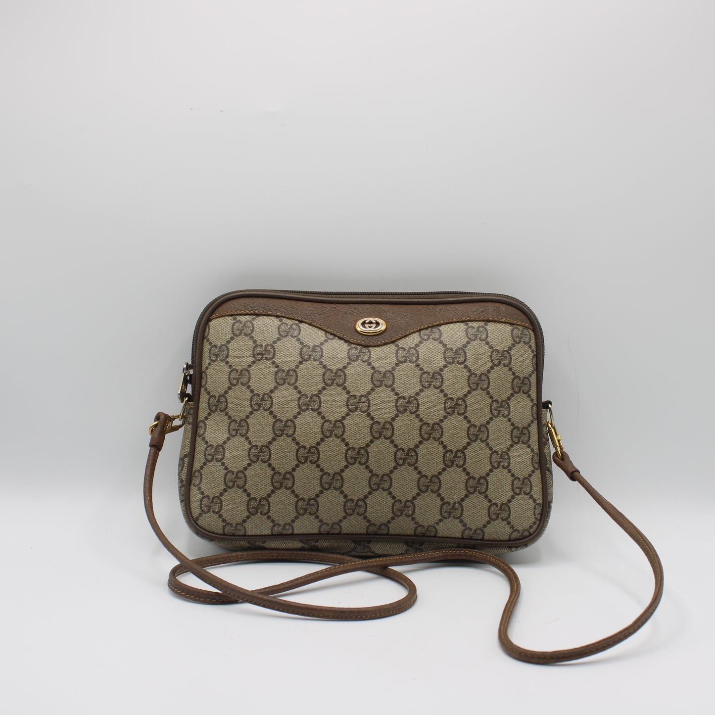 Gucci Brown Coated Canvas Gg Leather Trim Crossbody Bag