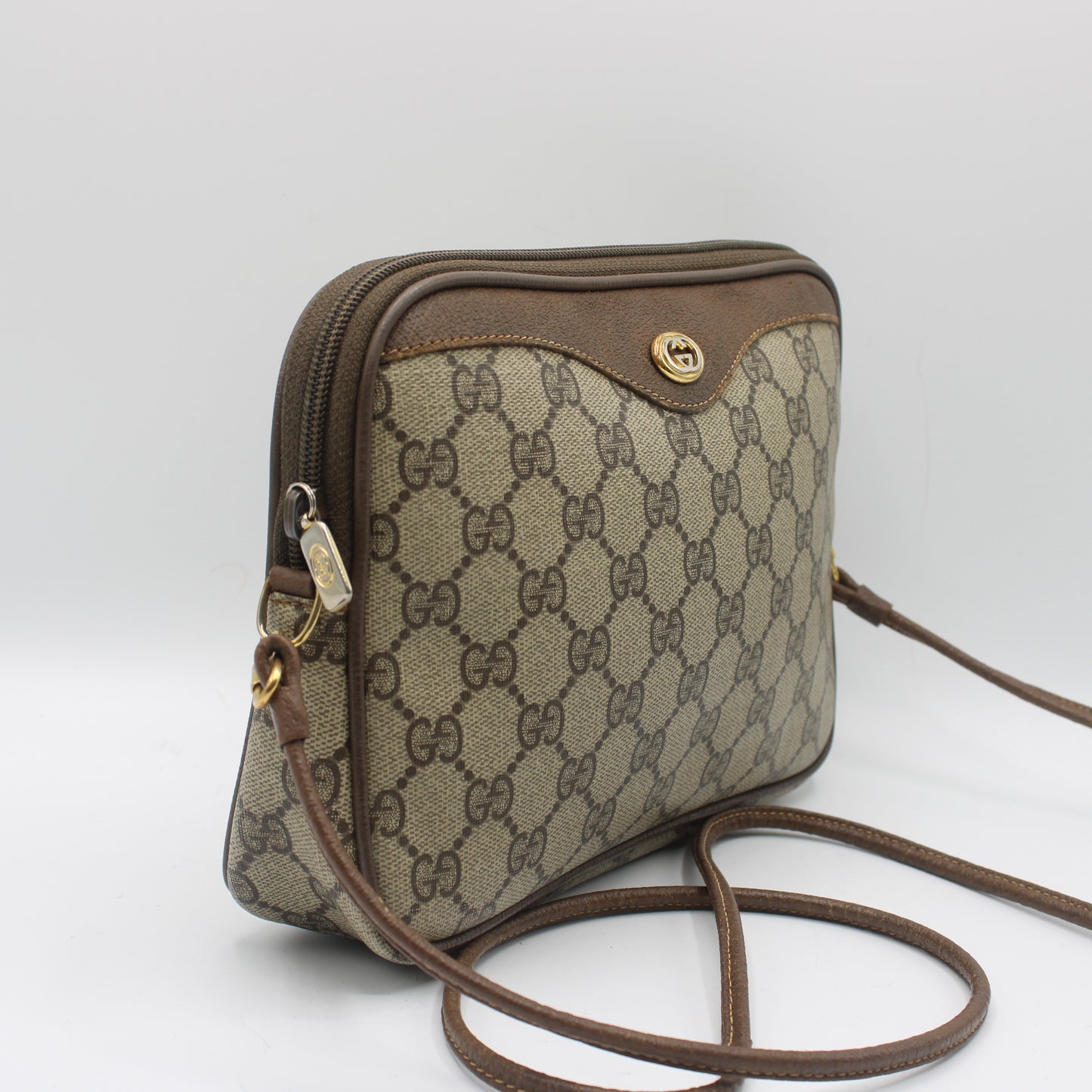 Gucci Brown Coated Canvas Gg Leather Trim Crossbody Bag
