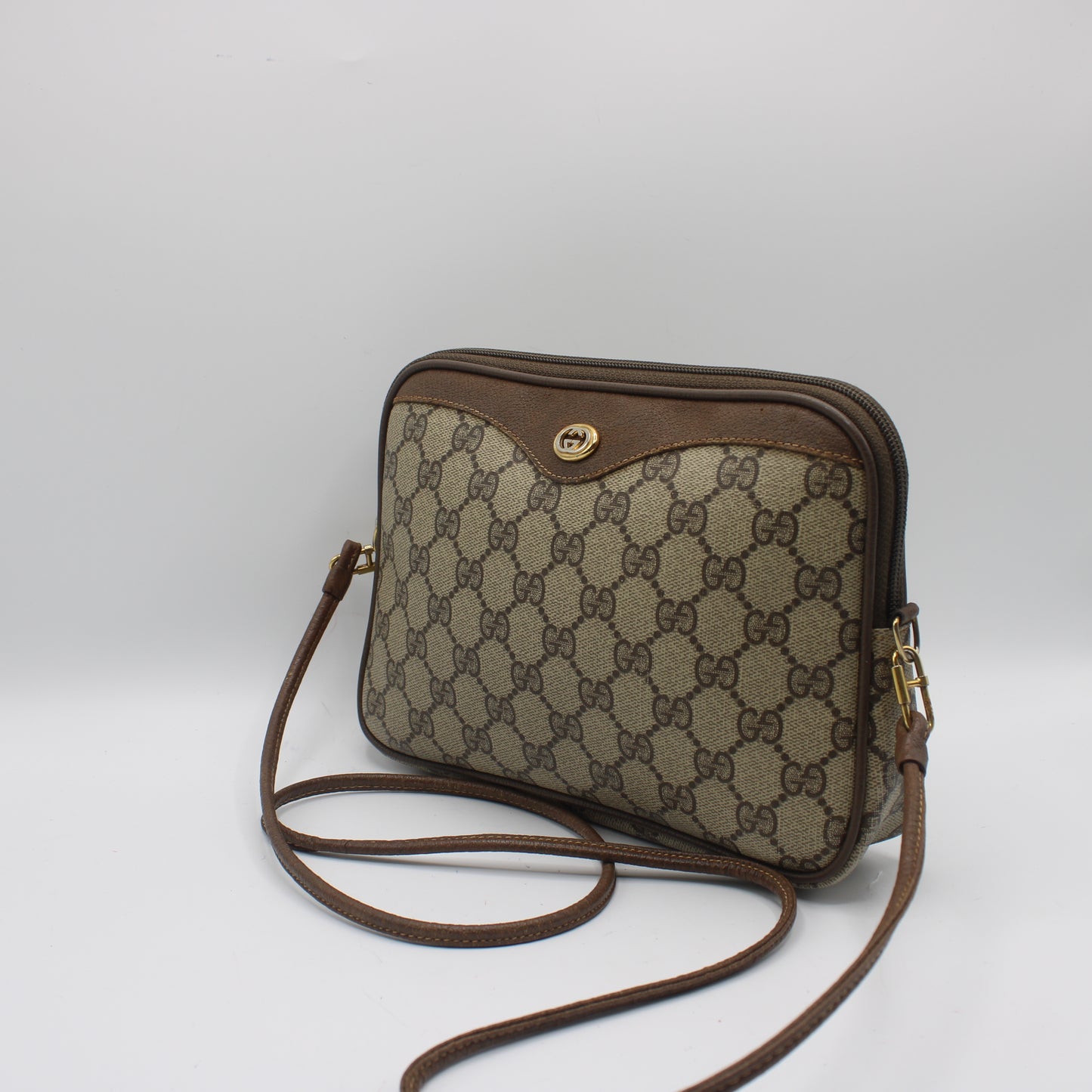 Gucci Brown Coated Canvas Gg Leather Trim Crossbody Bag