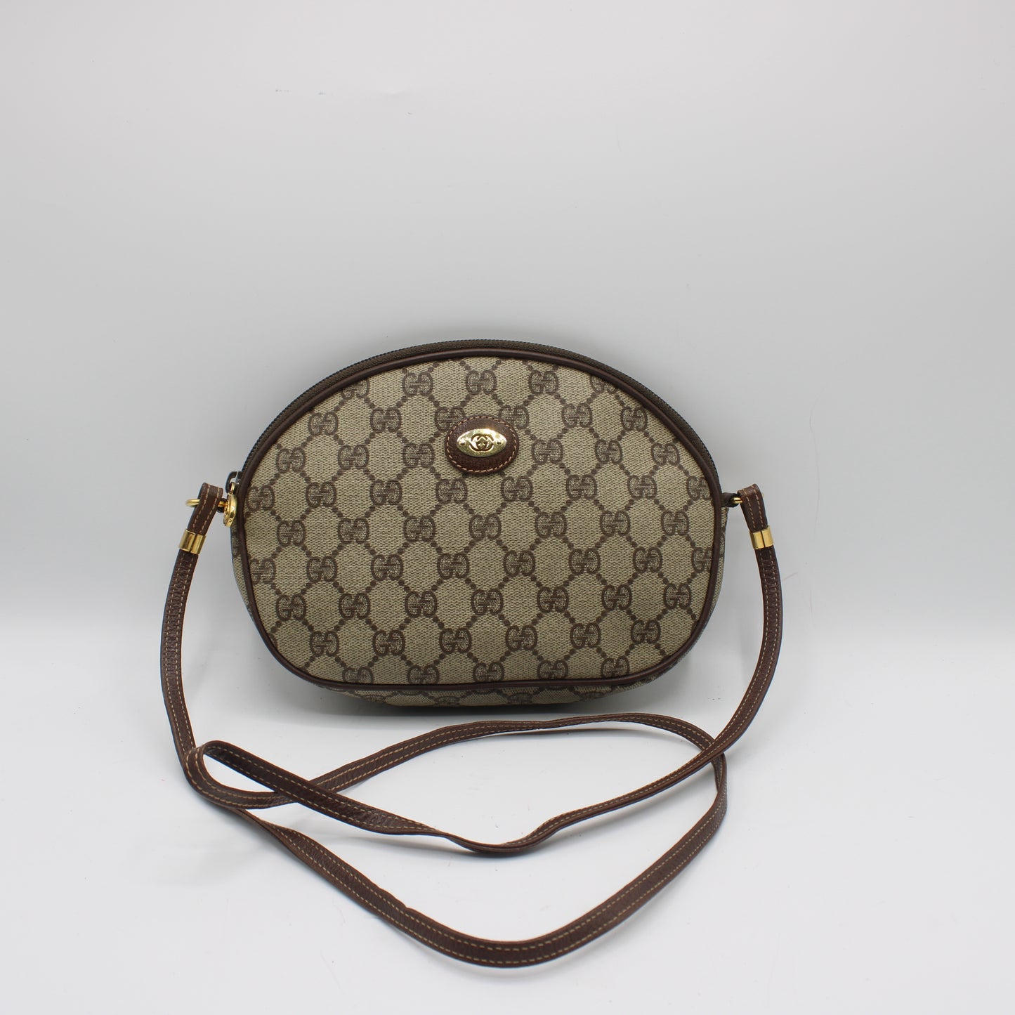 Gucci Brown GG Canvas Oval Leather Trim Crossbody Bag