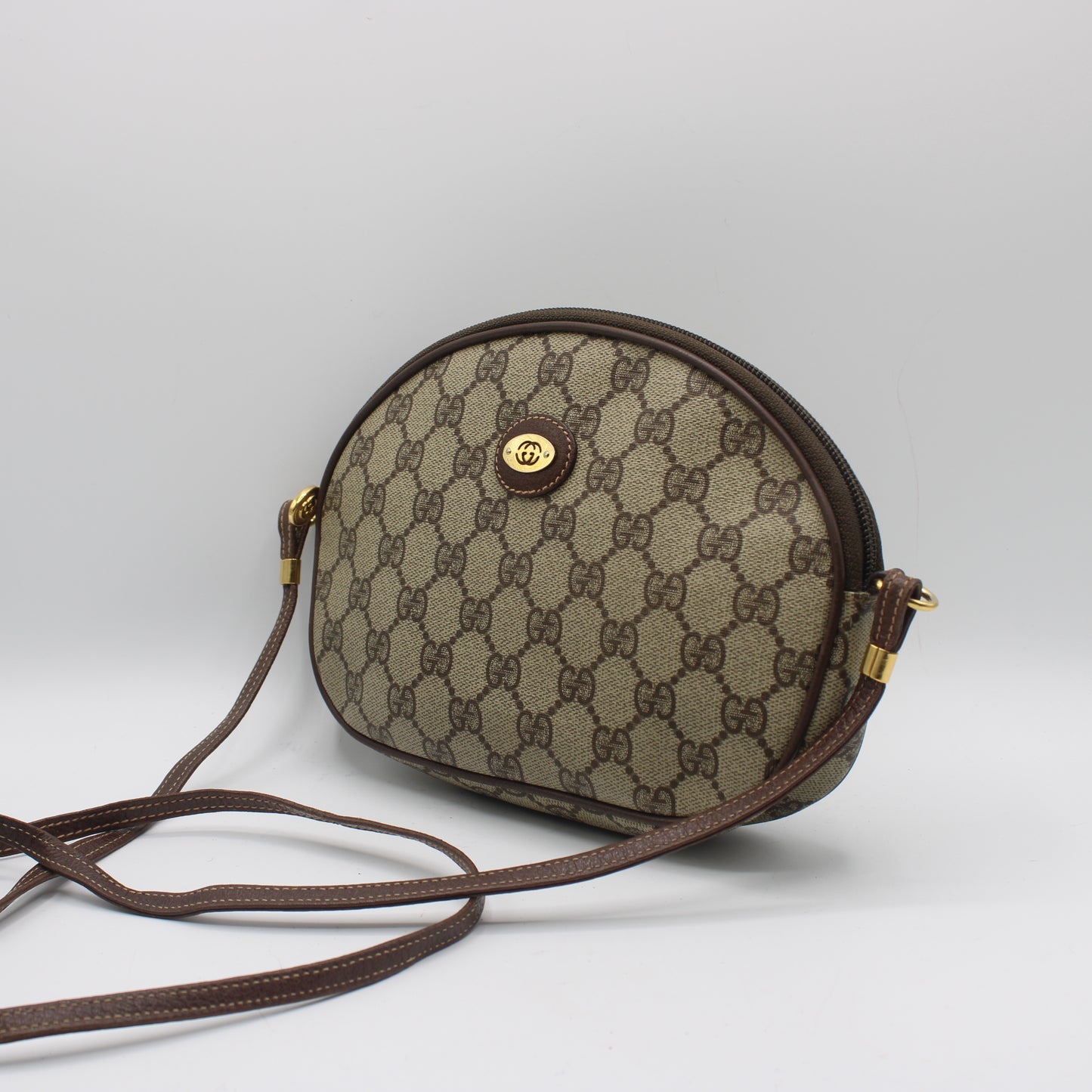 Gucci Brown GG Canvas Oval Leather Trim Crossbody Bag
