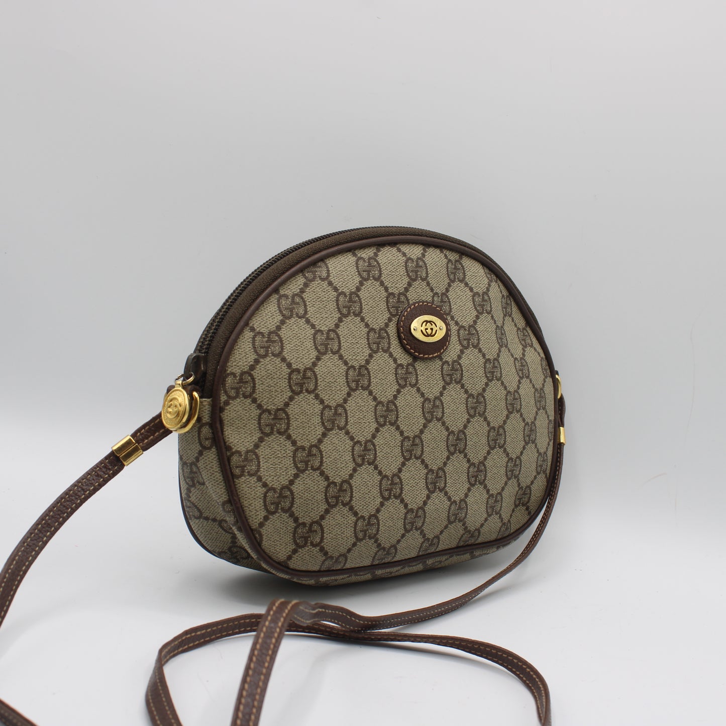 Gucci Brown GG Canvas Oval Leather Trim Crossbody Bag
