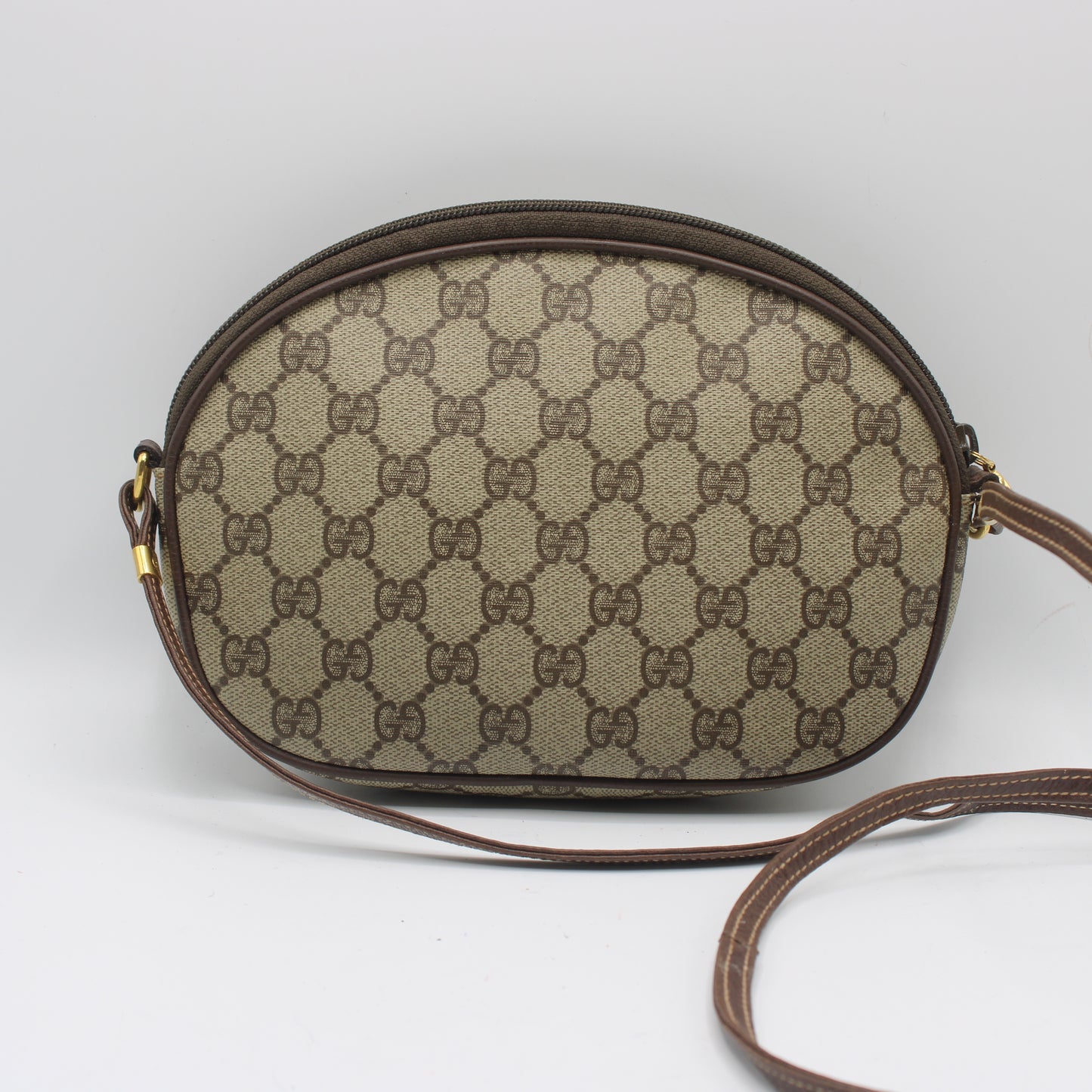 Gucci Brown GG Canvas Oval Leather Trim Crossbody Bag