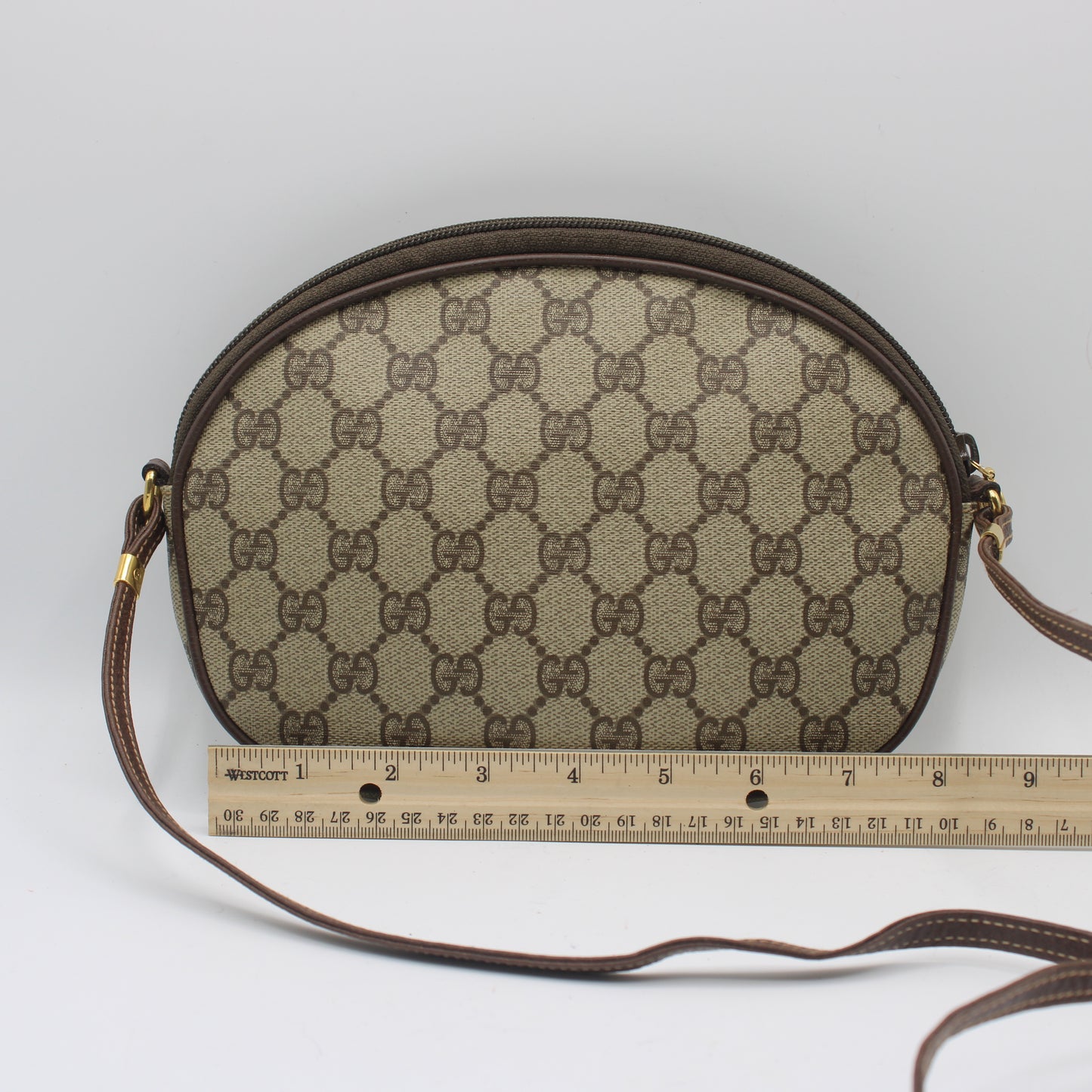 Gucci Brown GG Canvas Oval Leather Trim Crossbody Bag