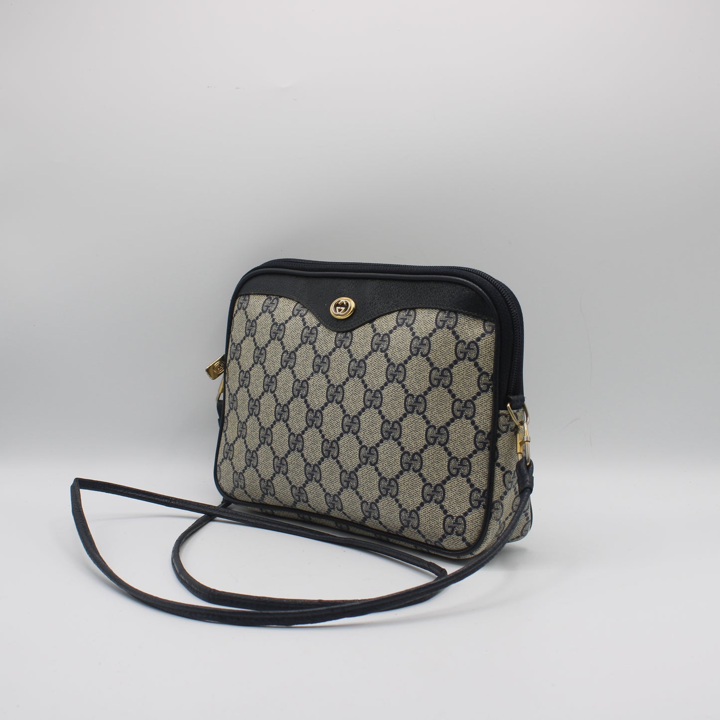 Gucci Beige GG Coated Canvas Navy Leather Crossbody Bag