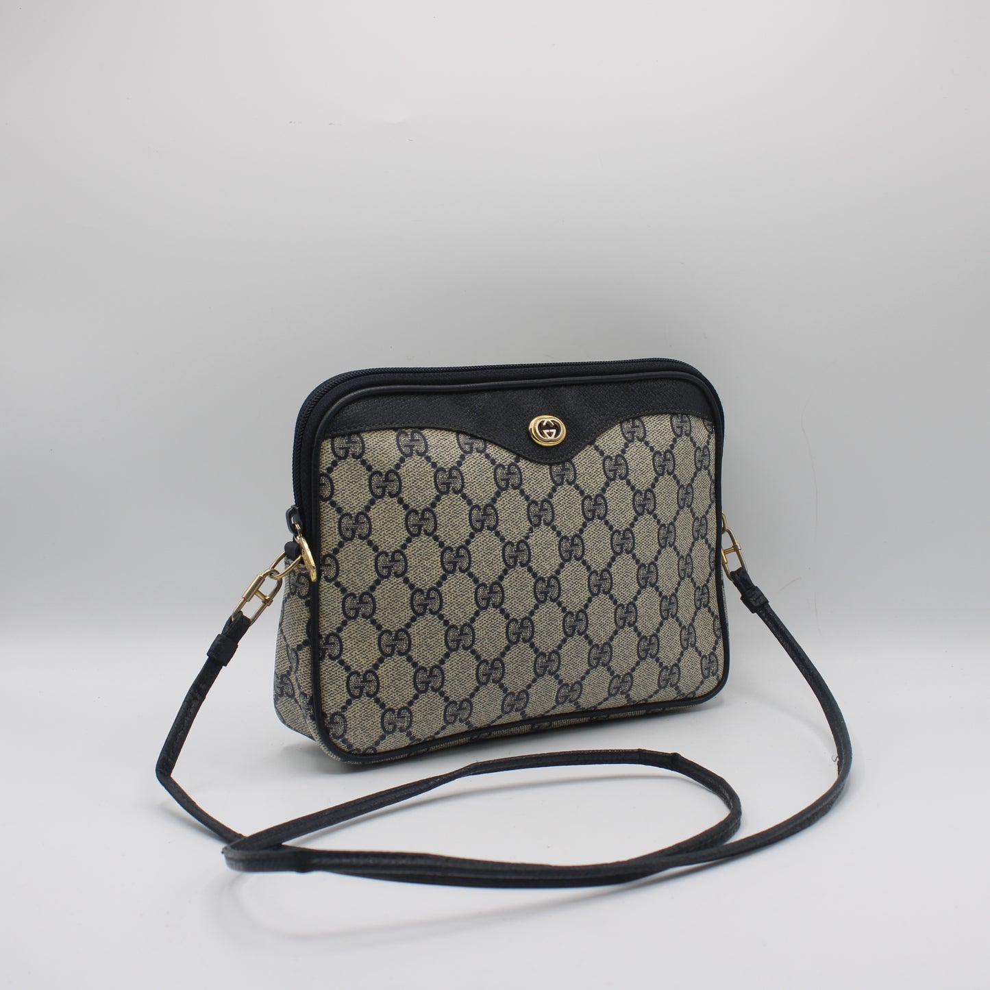 Gucci Beige GG Coated Canvas Navy Leather Crossbody Bag