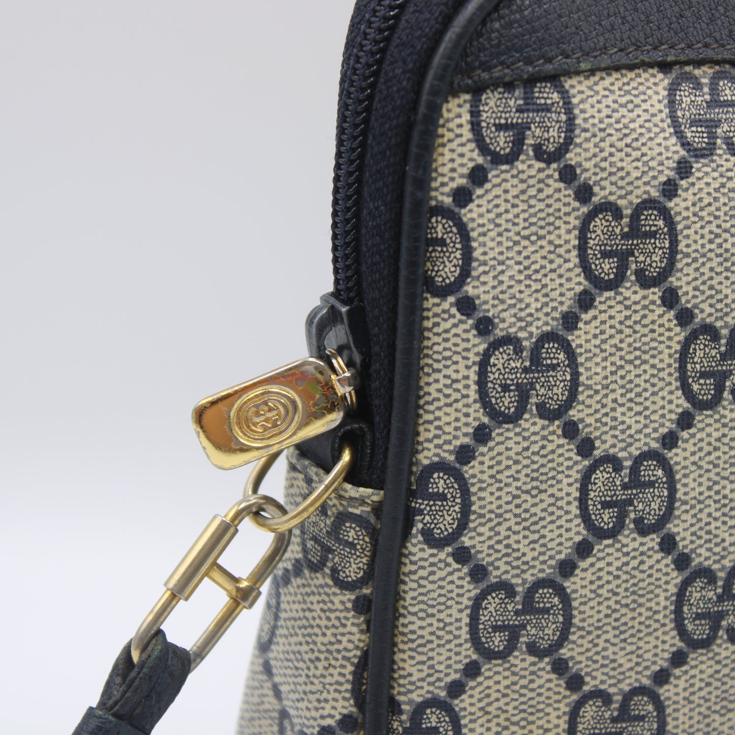 Gucci Beige GG Coated Canvas Navy Leather Crossbody Bag