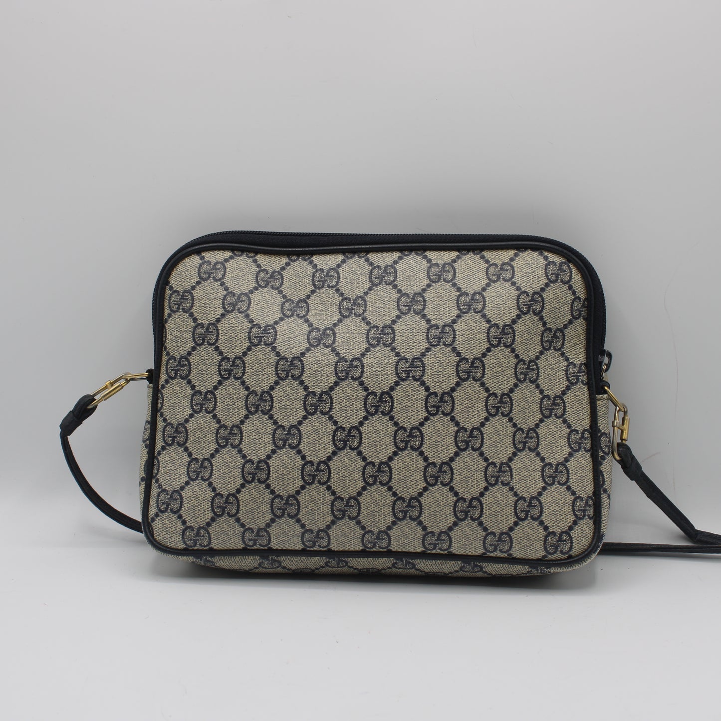 Gucci Beige GG Coated Canvas Navy Leather Crossbody Bag