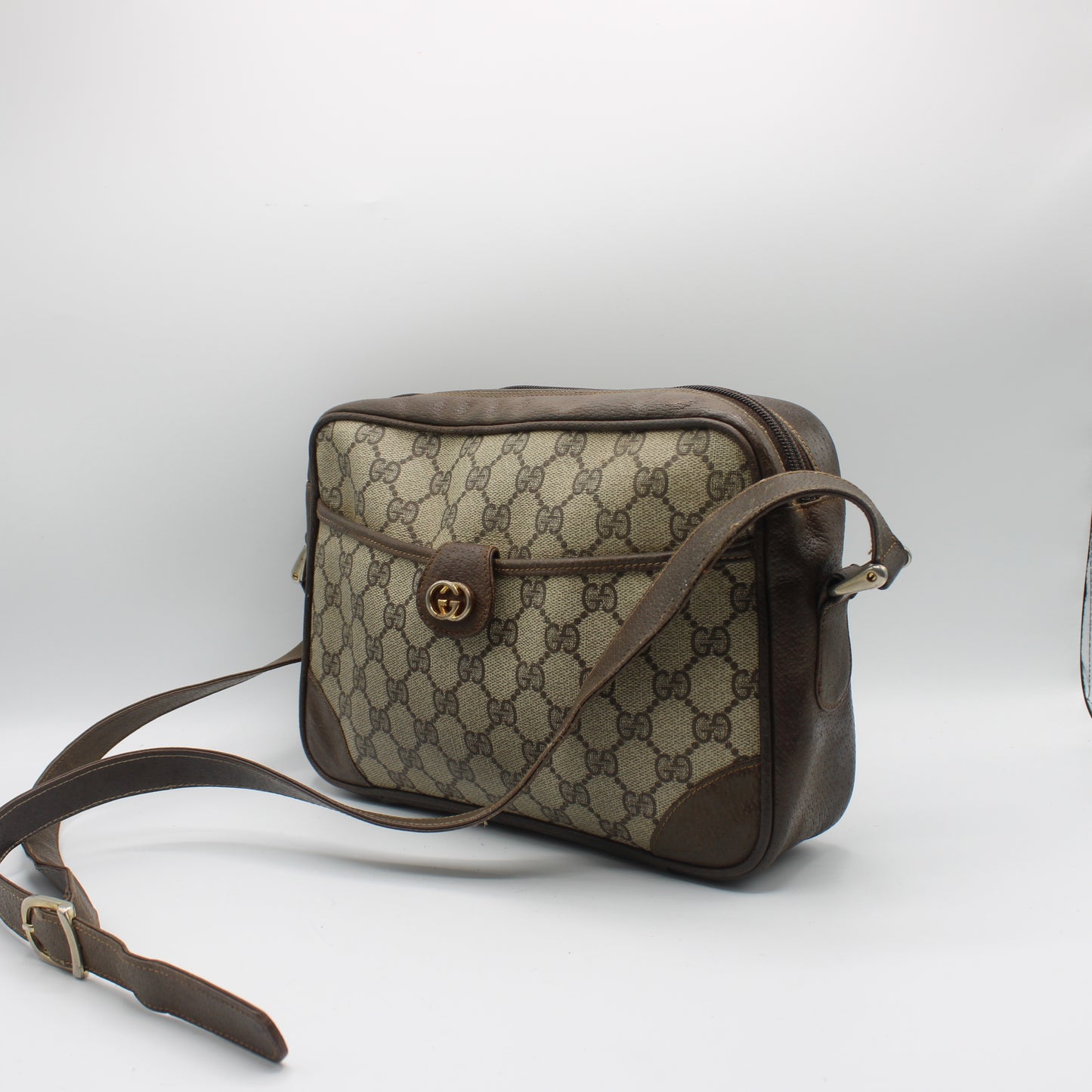 Gucci Brown GG Canvas Leather Trim Crossbody Shoulder Bag