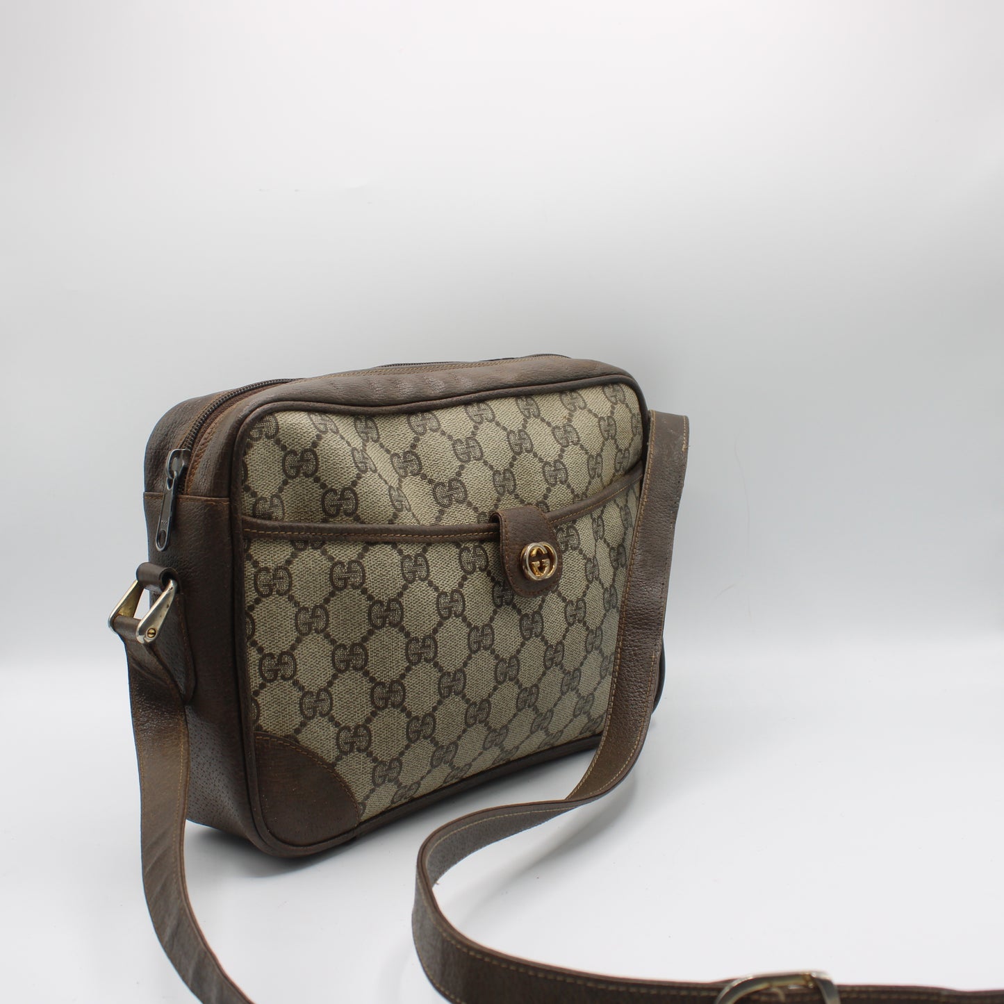 Gucci Brown GG Canvas Leather Trim Crossbody Shoulder Bag