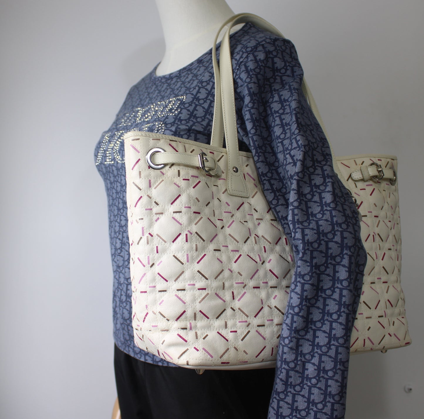 Christian Dior Ivory Cannage Canvas Multicolor Tote Bag