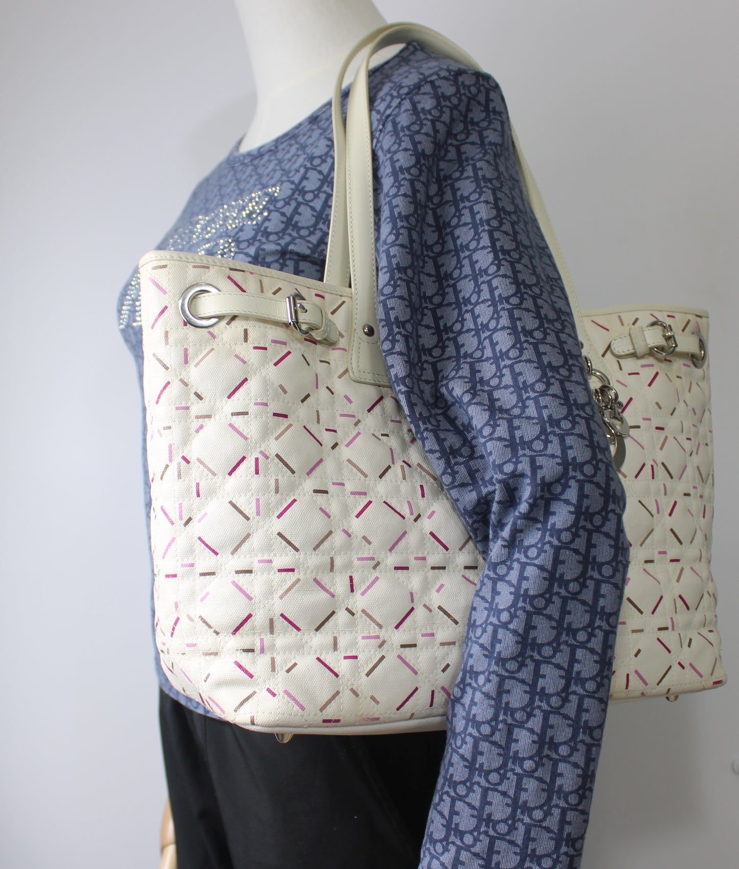 Christian Dior Ivory Cannage Canvas Multicolor Tote Bag