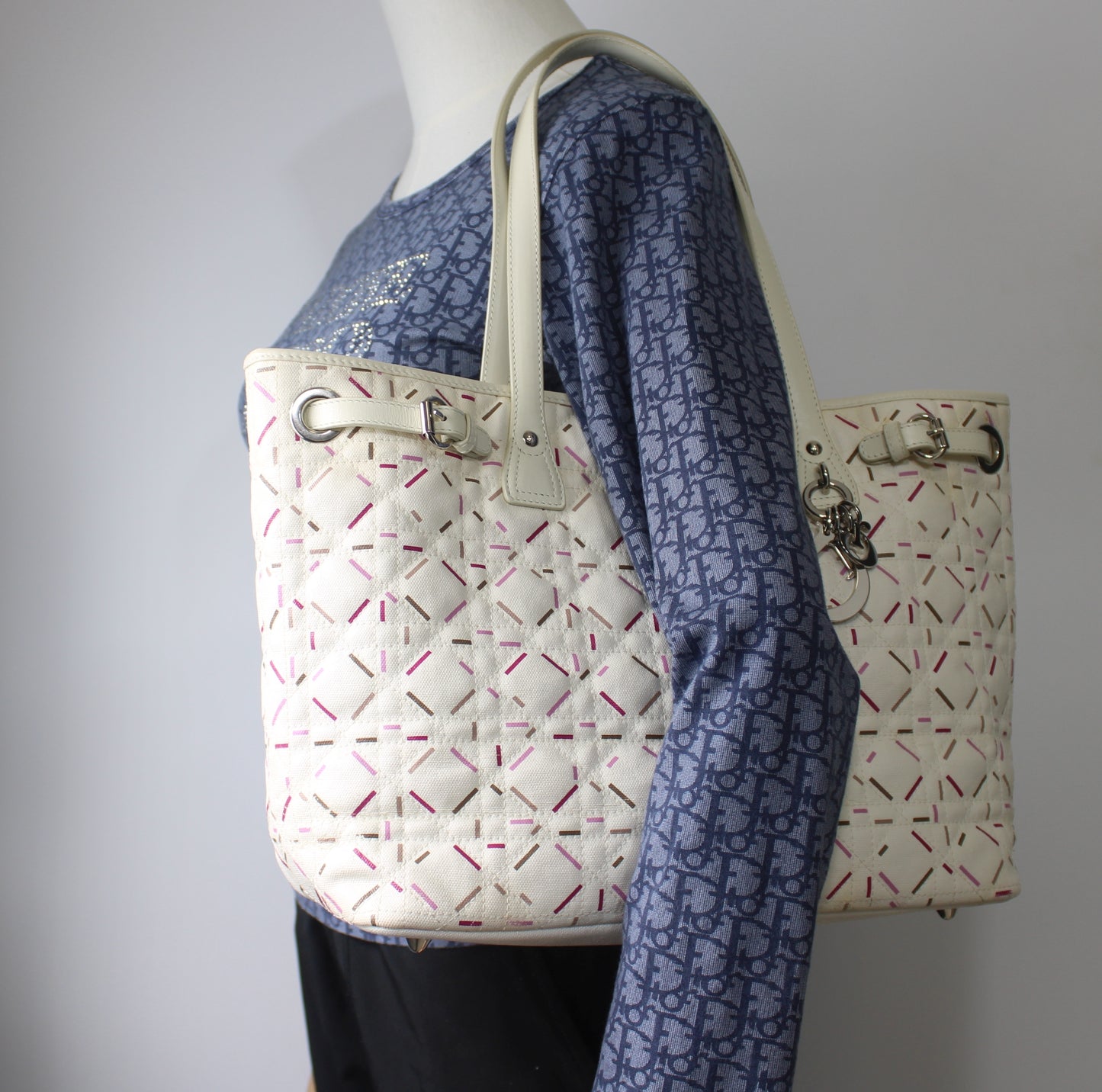 Christian Dior Ivory Cannage Canvas Multicolor Tote Bag