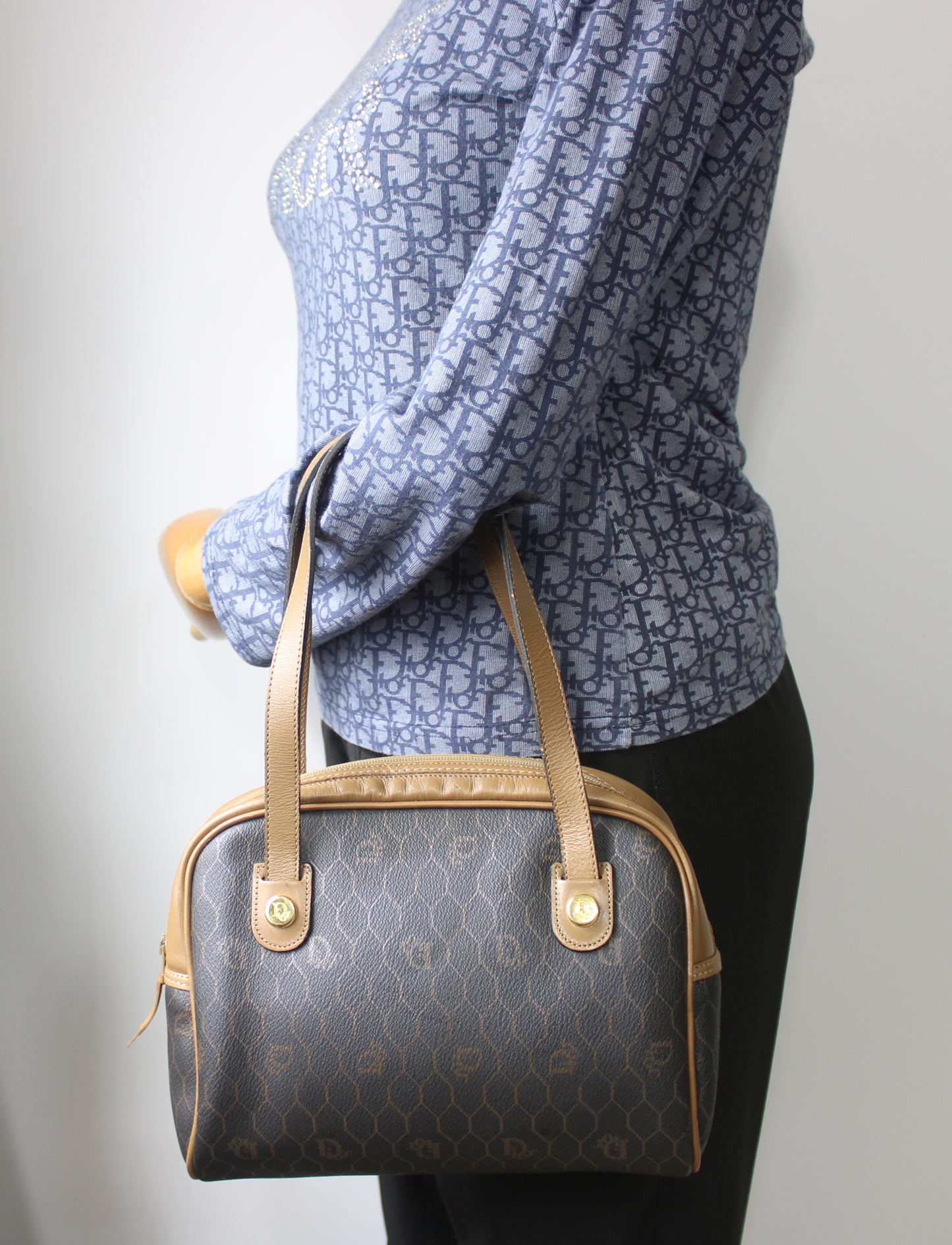 Christian Dior Brown Honeycomb Mini Boston Handbag Leather Trim