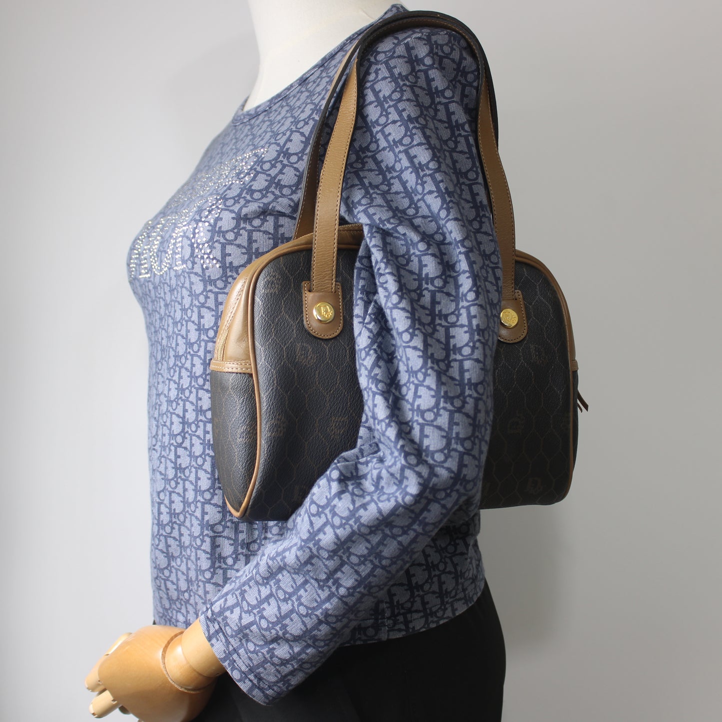 Christian Dior Brown Honeycomb Mini Boston Handbag Leather Trim