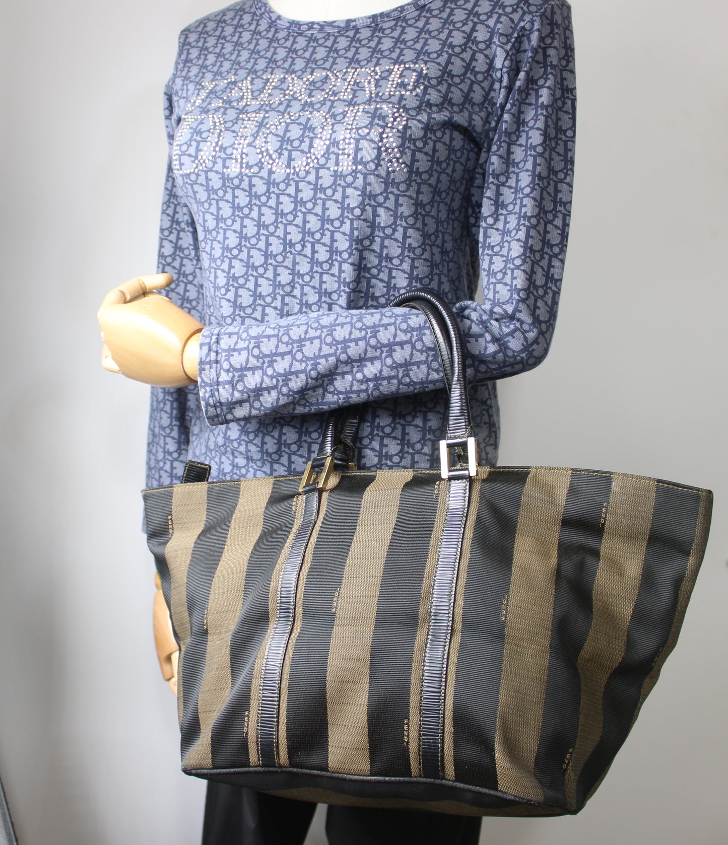 Fendi Brown Black Canvas Leather Pequin Vintage Tote Bag