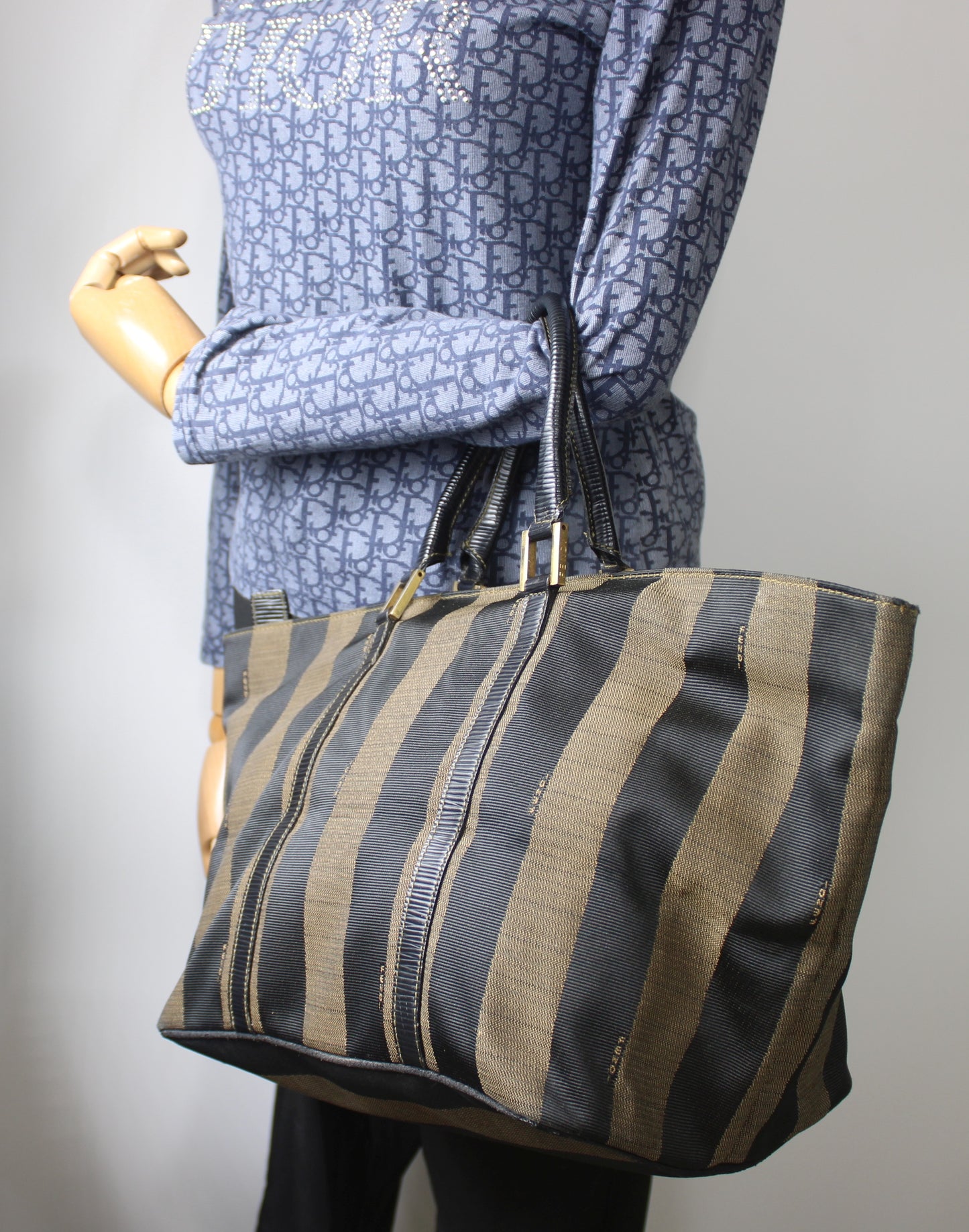 Fendi Brown Black Canvas Leather Pequin Vintage Tote Bag