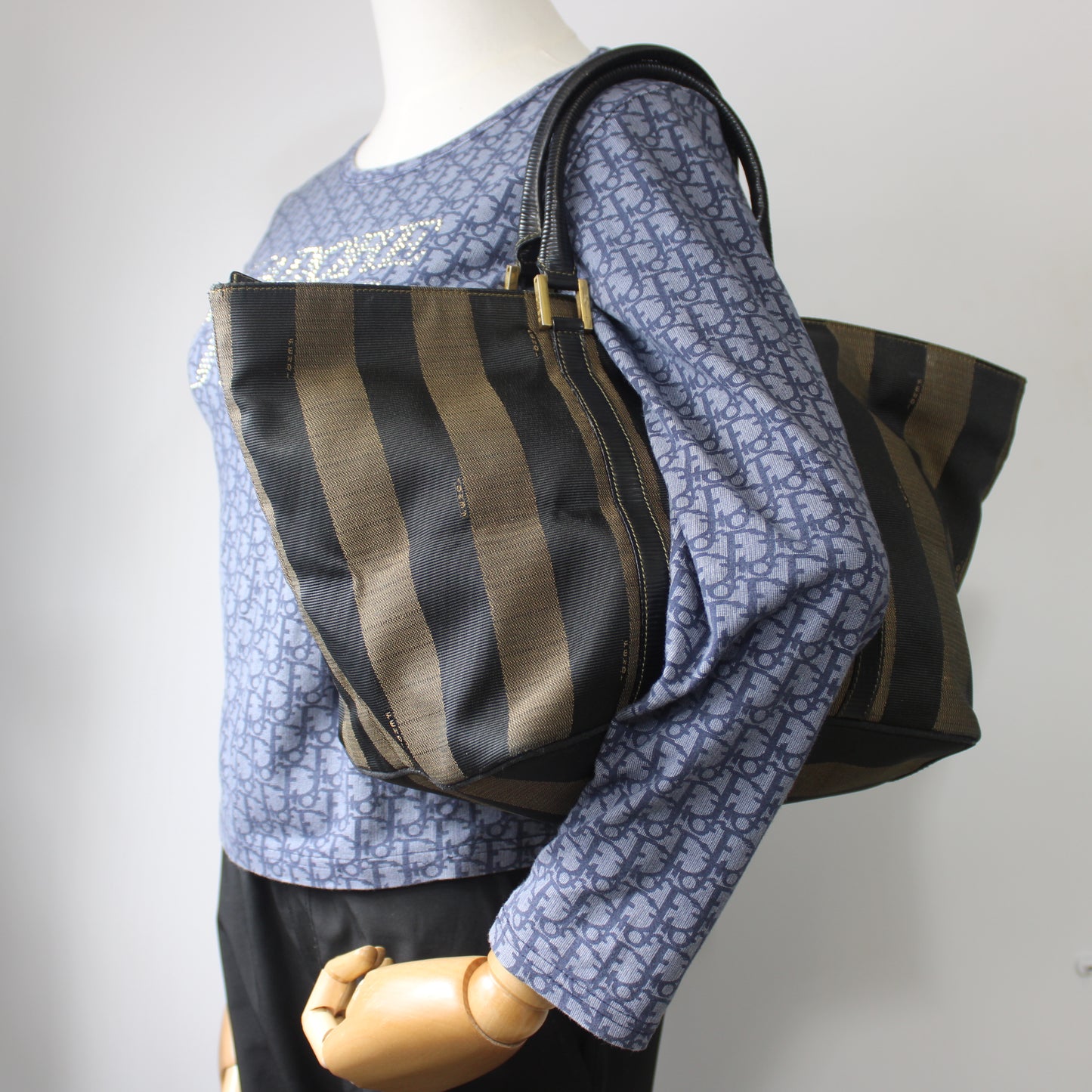Fendi Brown Black Canvas Leather Pequin Vintage Tote Bag