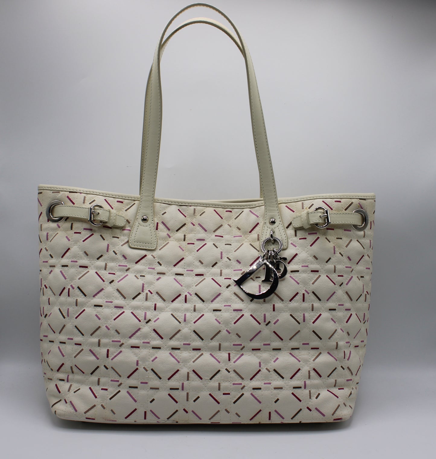 Christian Dior Ivory Cannage Canvas Multicolor Tote Bag