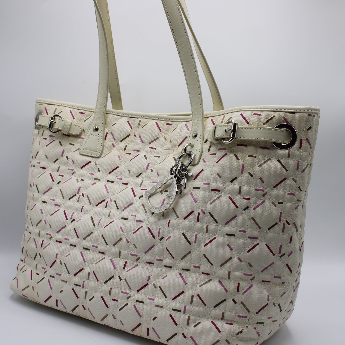 Christian Dior Ivory Cannage Canvas Multicolor Tote Bag