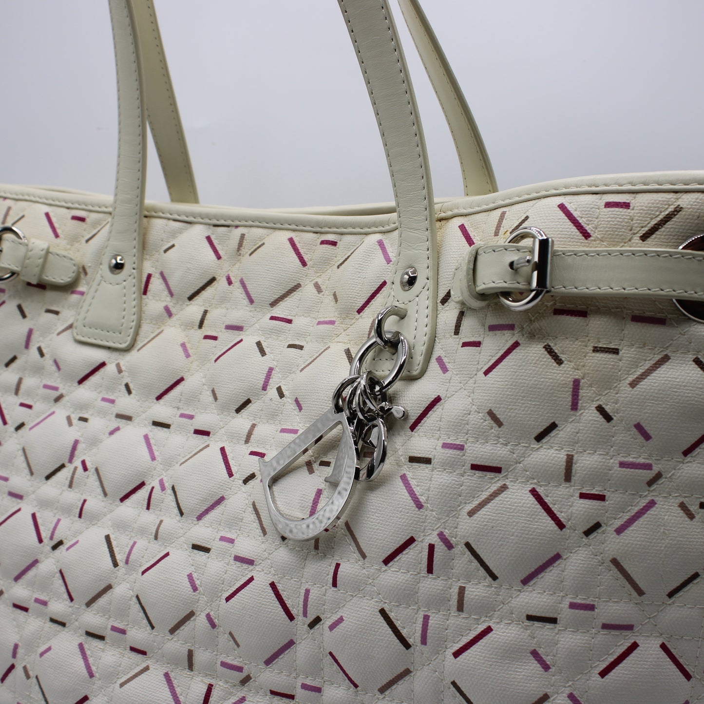 Christian Dior Ivory Cannage Canvas Multicolor Tote Bag