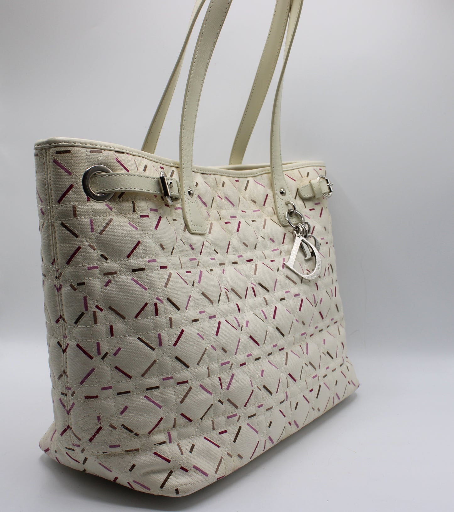 Christian Dior Ivory Cannage Canvas Multicolor Tote Bag