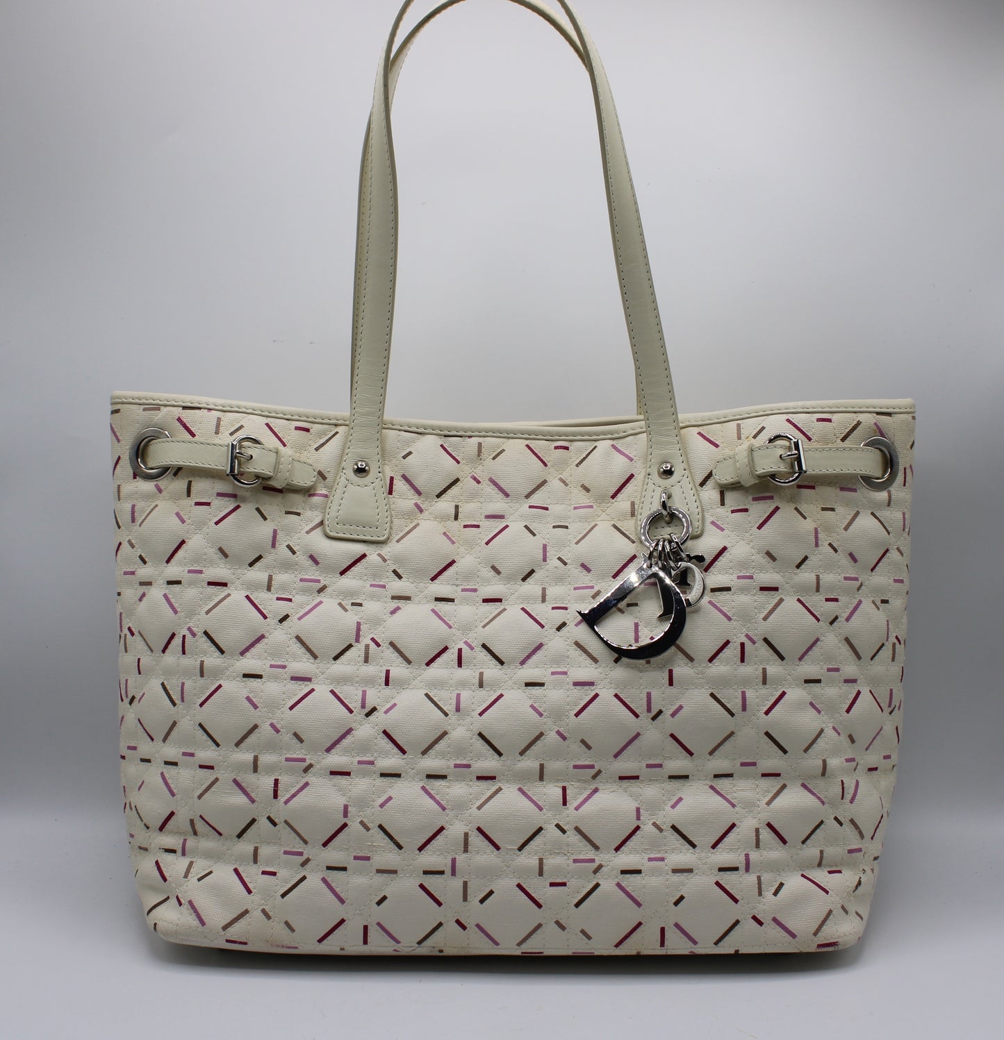 Christian Dior Ivory Cannage Canvas Multicolor Tote Bag