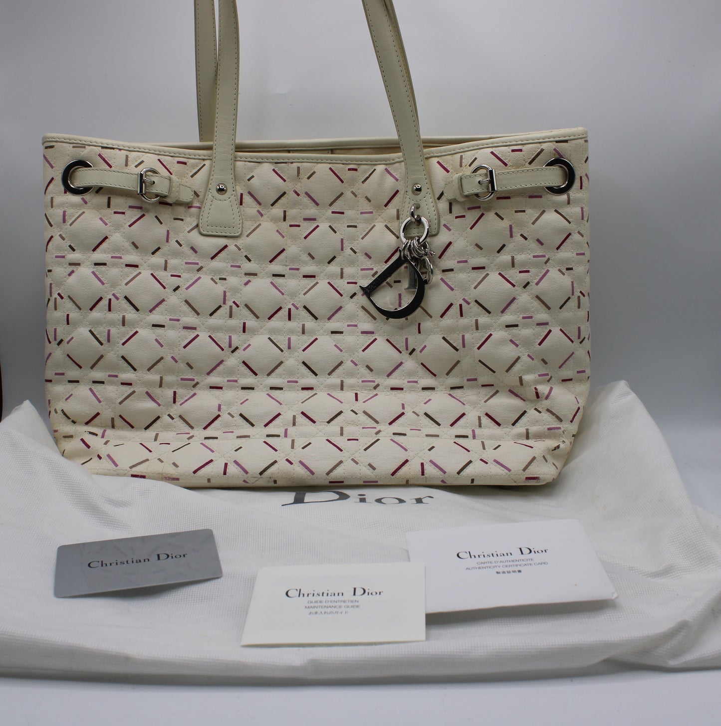 Christian Dior Ivory Cannage Canvas Multicolor Tote Bag