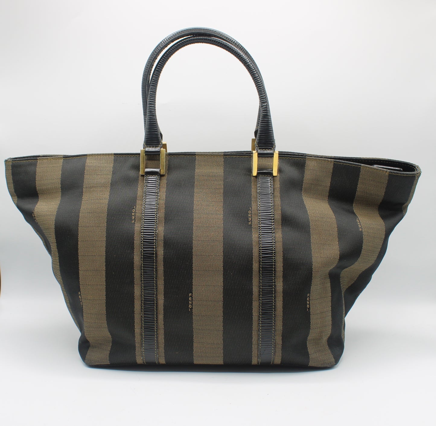 Fendi Brown Black Canvas Leather Pequin Vintage Tote Bag
