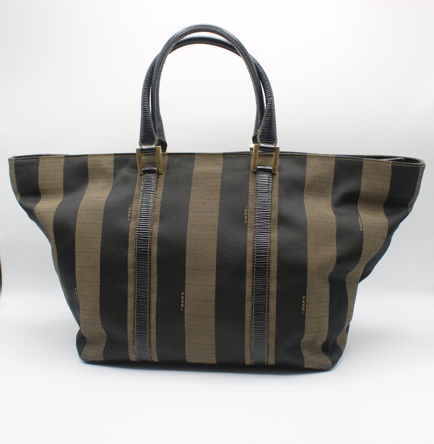 Fendi Brown Black Canvas Leather Pequin Vintage Tote Bag