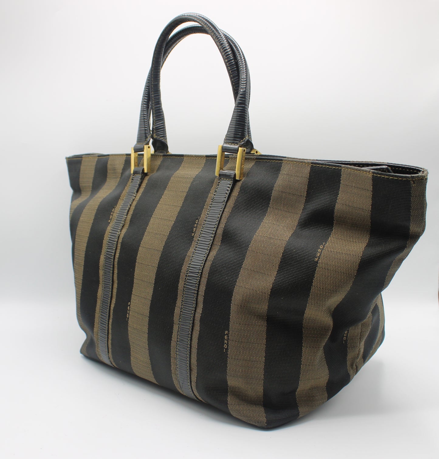Fendi Brown Black Canvas Leather Pequin Vintage Tote Bag