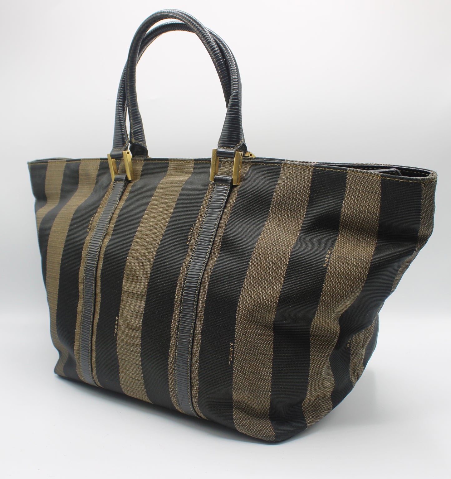 Fendi Brown Black Canvas Leather Pequin Vintage Tote Bag