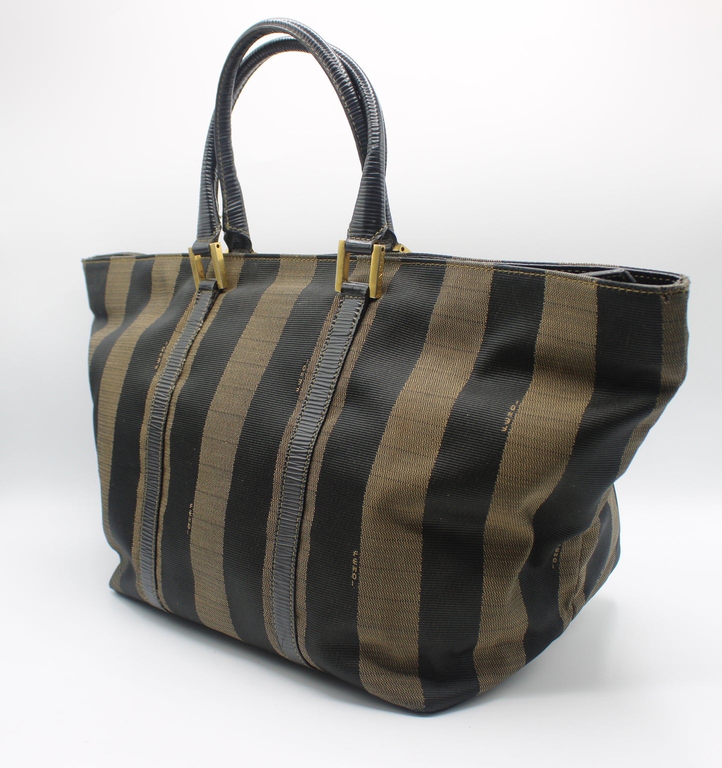 Fendi Brown Black Canvas Leather Pequin Vintage Tote Bag