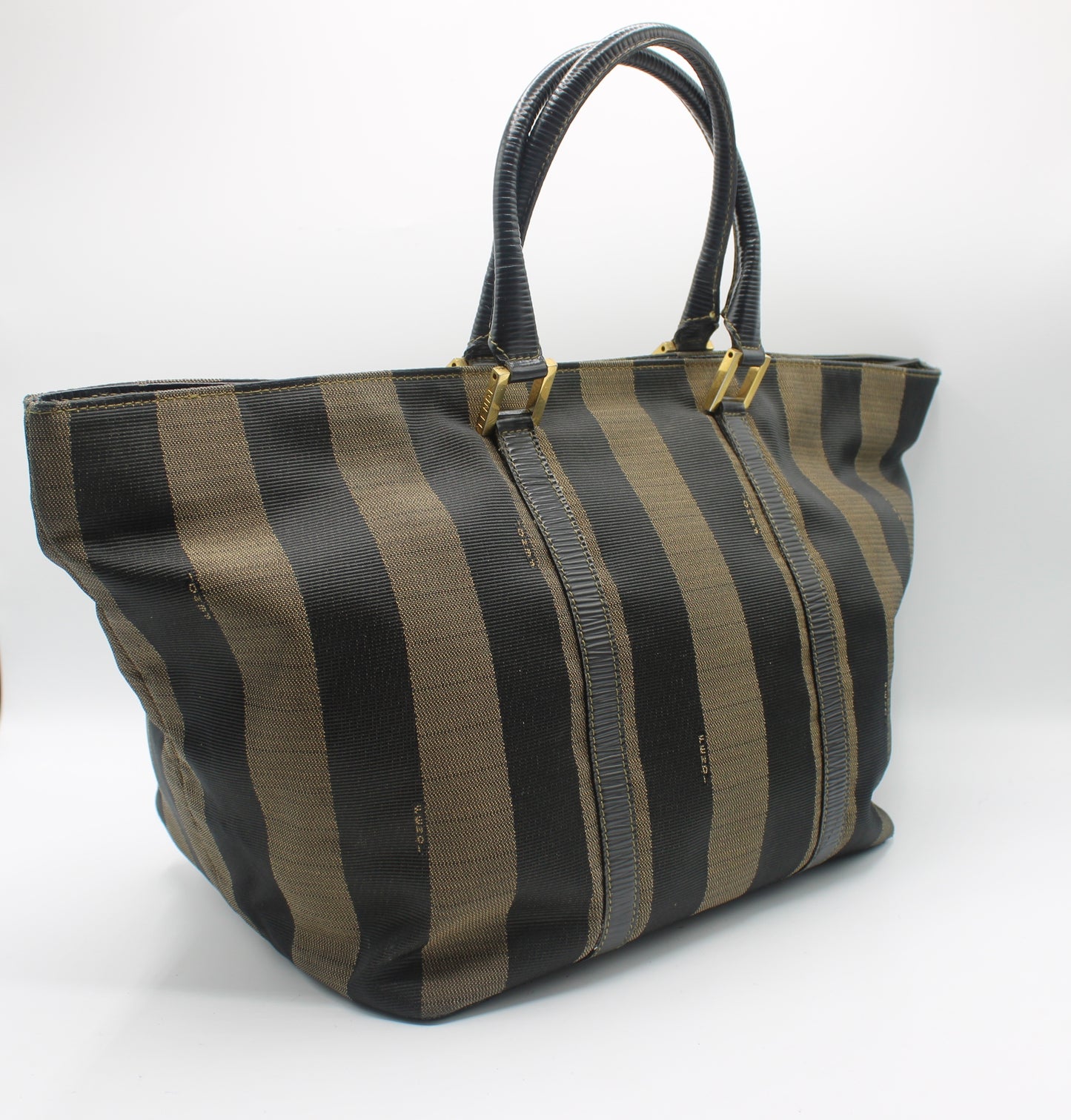 Fendi Brown Black Canvas Leather Pequin Vintage Tote Bag