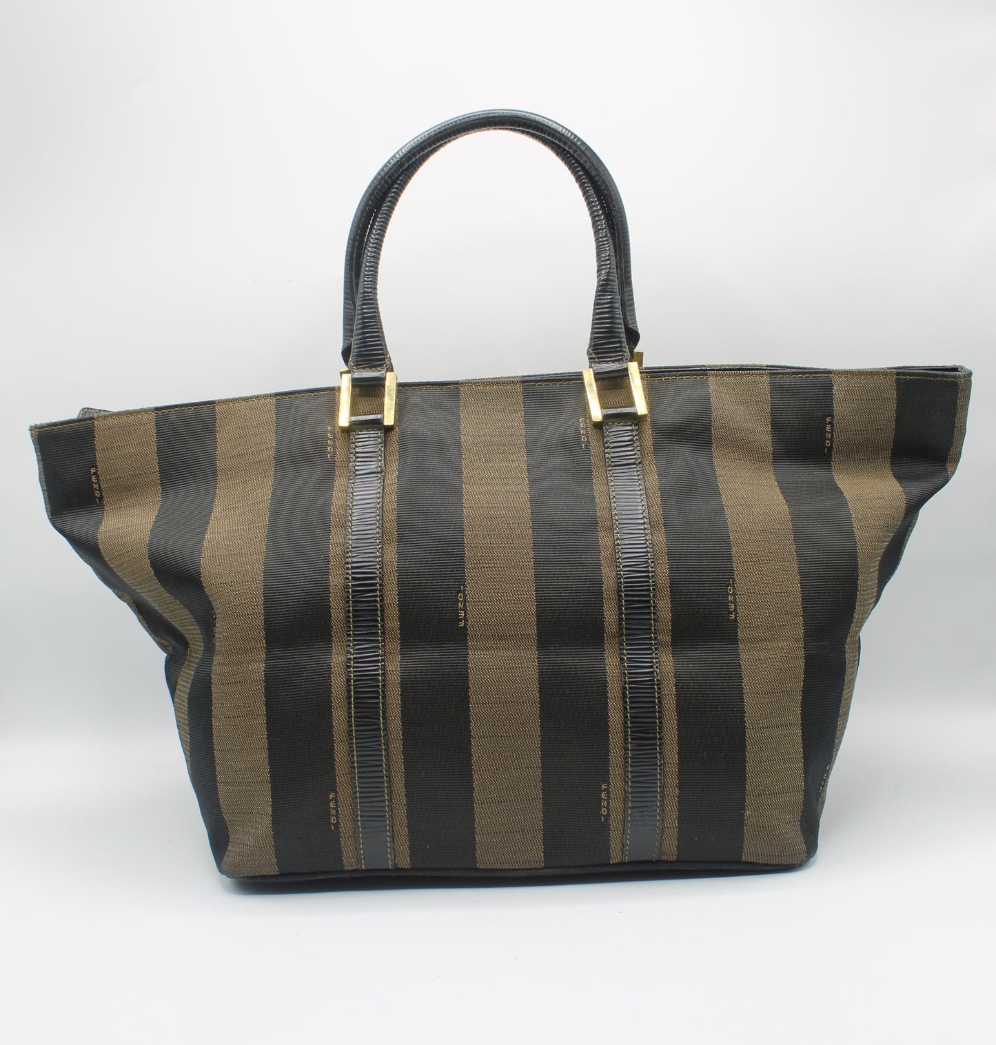 Fendi Brown Black Canvas Leather Pequin Vintage Tote Bag