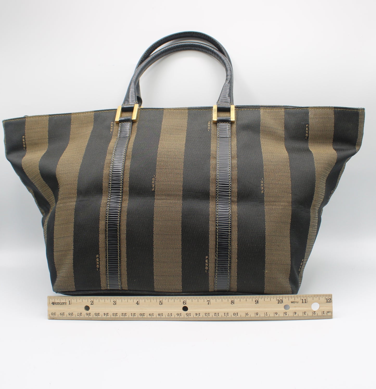 Fendi Brown Black Canvas Leather Pequin Vintage Tote Bag