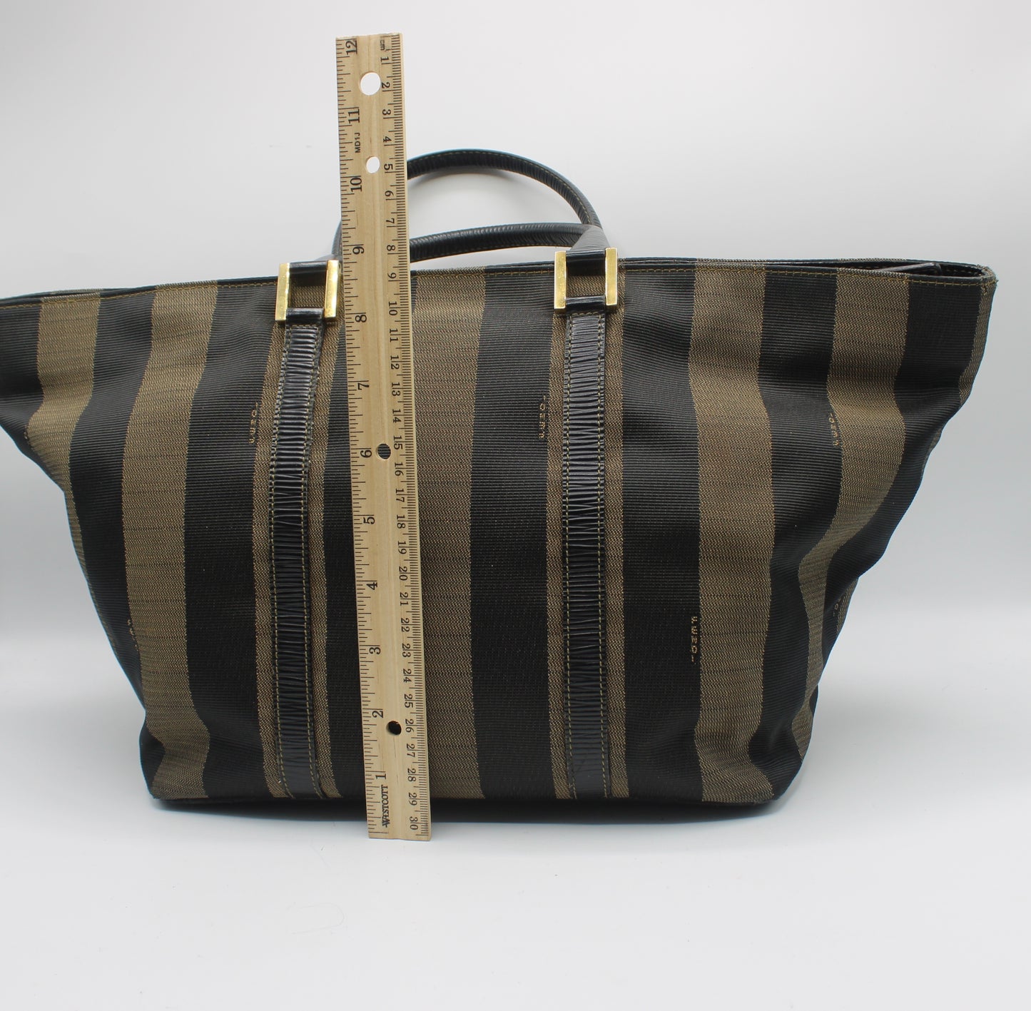 Fendi Brown Black Canvas Leather Pequin Vintage Tote Bag